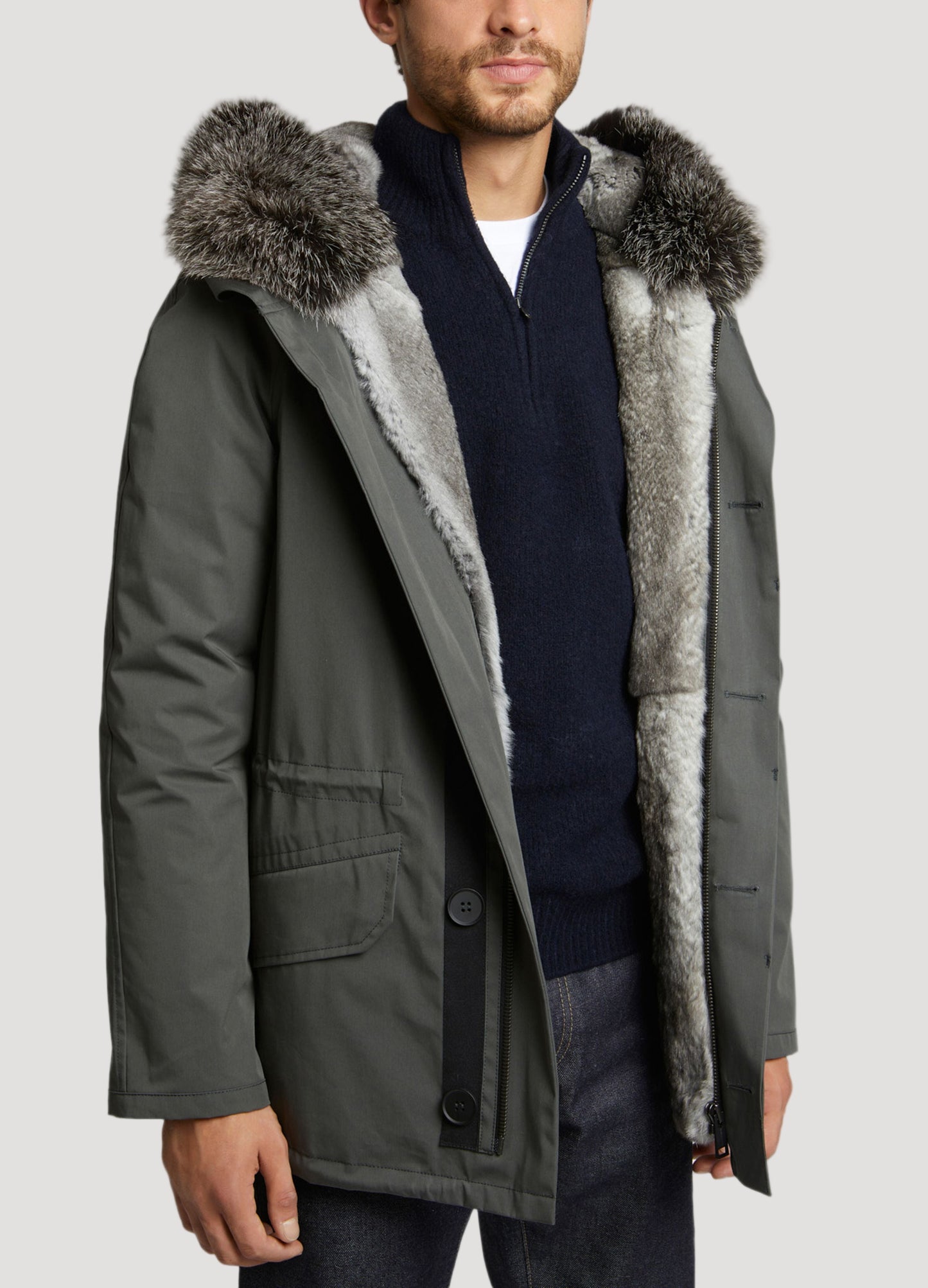 parka-iconique-courte-en-coton-melange-et-fourrure-gris-21whv01977f52xb2863 -Yves Salomon