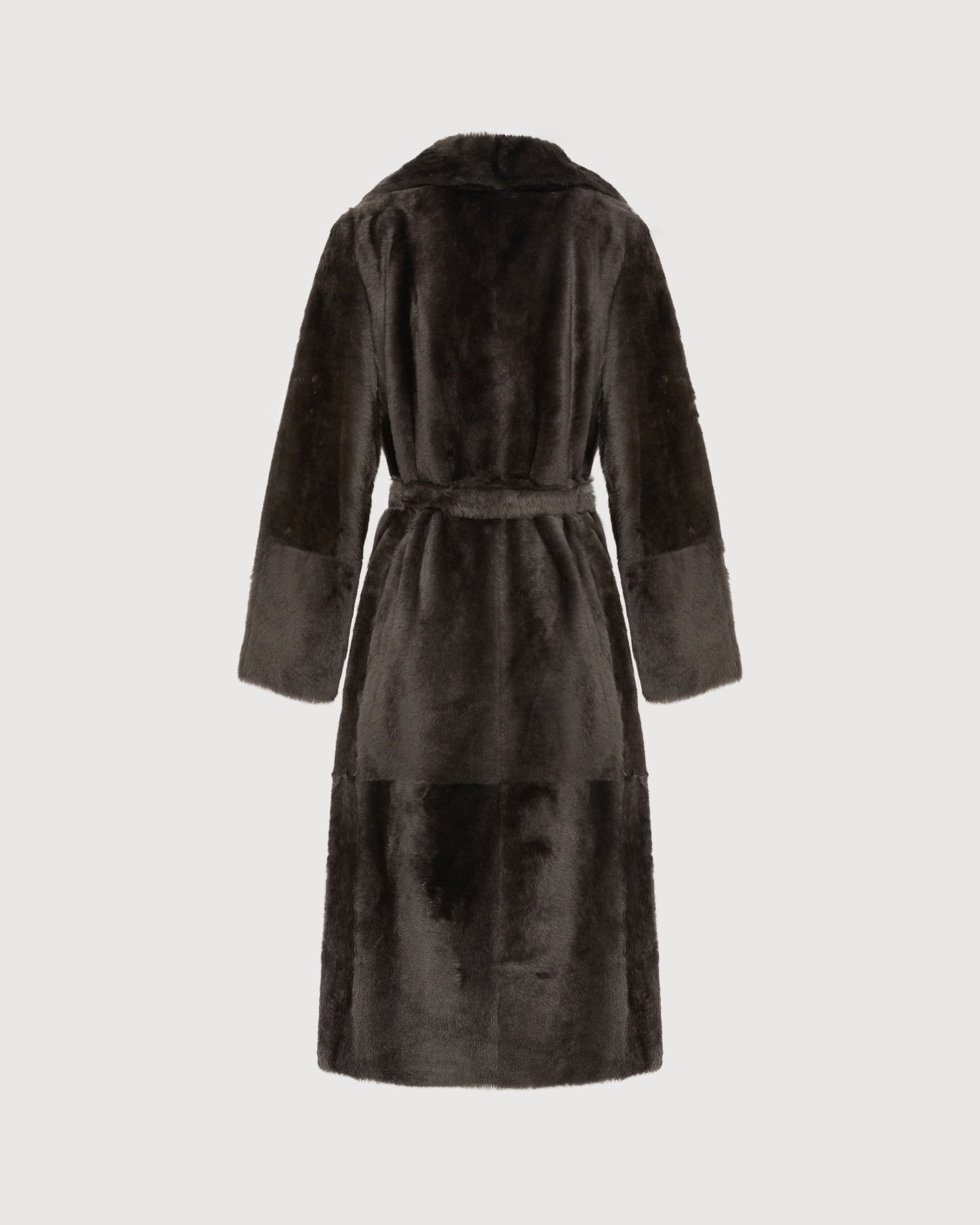 Long reversible belted shearling coat