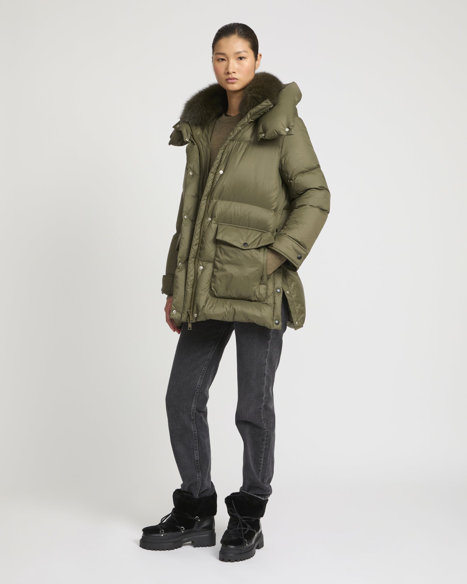 3/4 down jacket in water-repellent technical fabric with fox fur