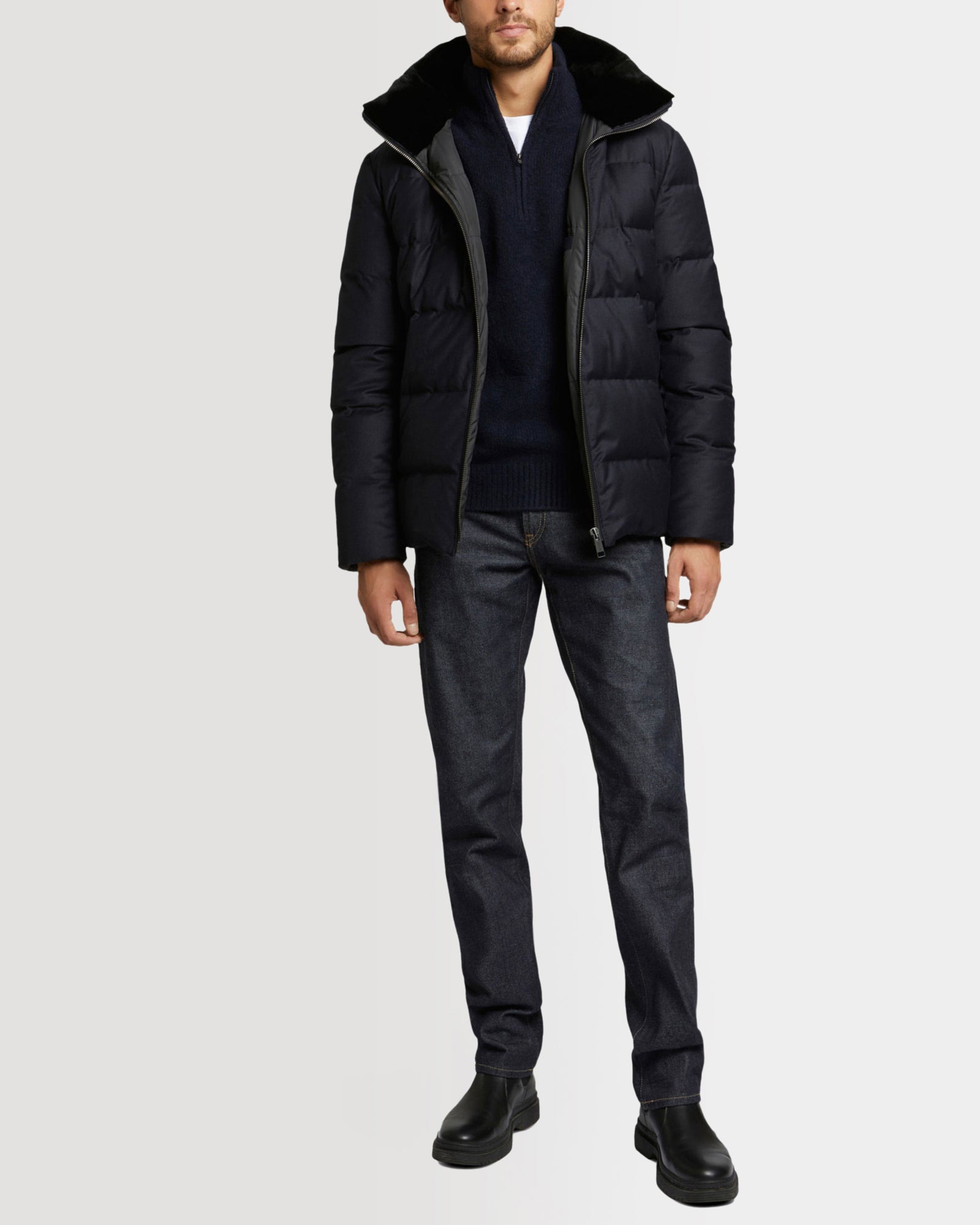 Loro Piana Fabric Short Down Jacket With Mink Dark blue Yves