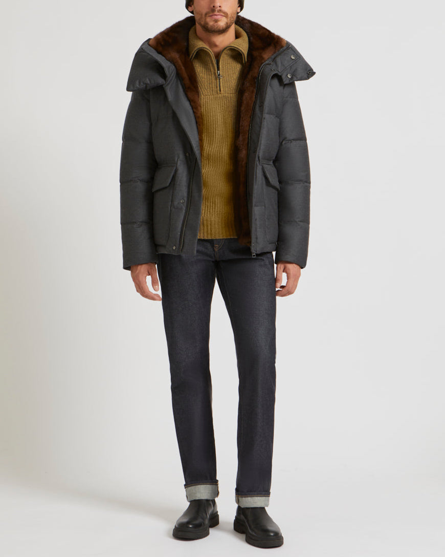 Hooded Short Down Jacket in waterproof Loro Piana Fabric with mink fur collar