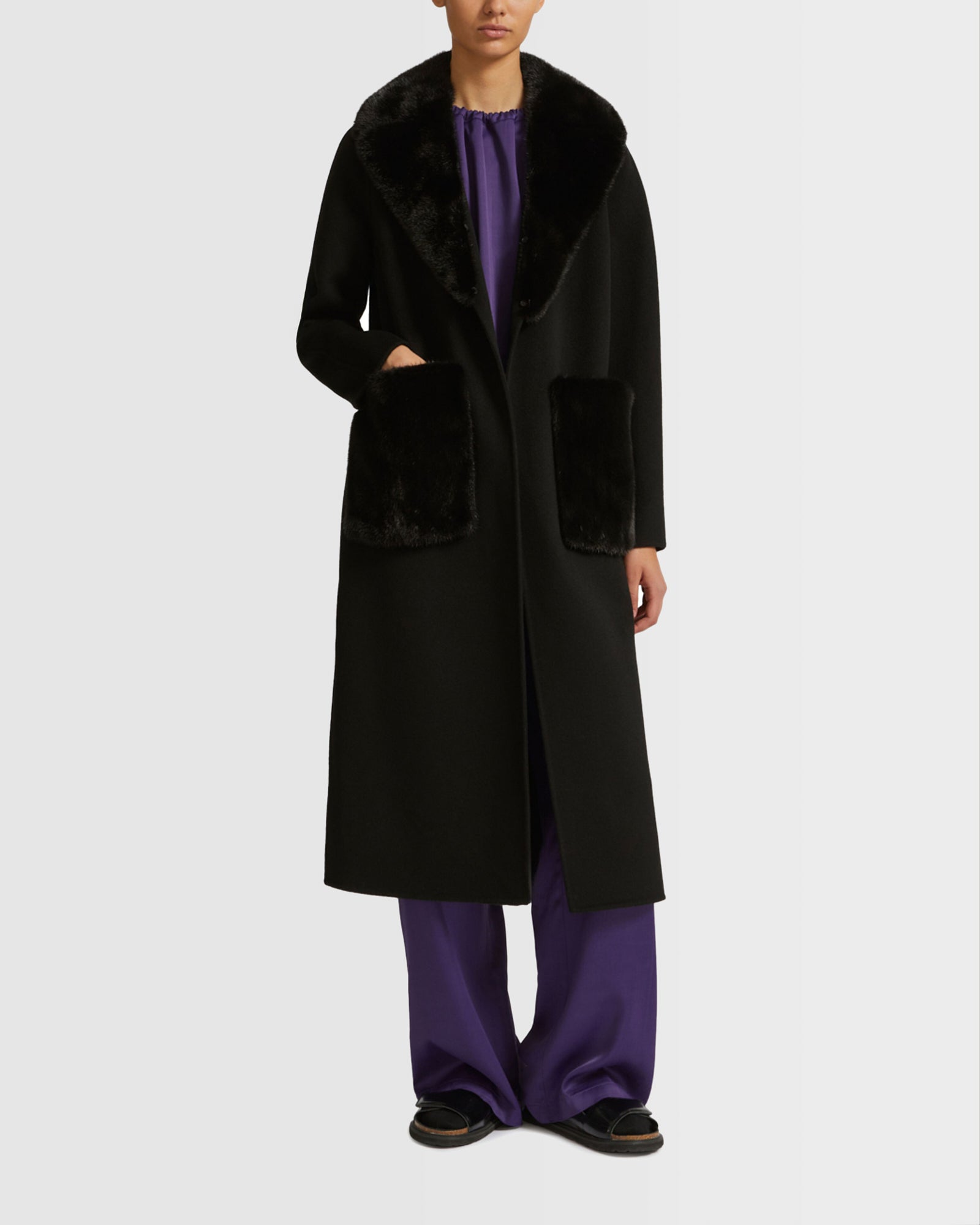 Belted coat in cashmere wool with mink fur Black Yves Salomon