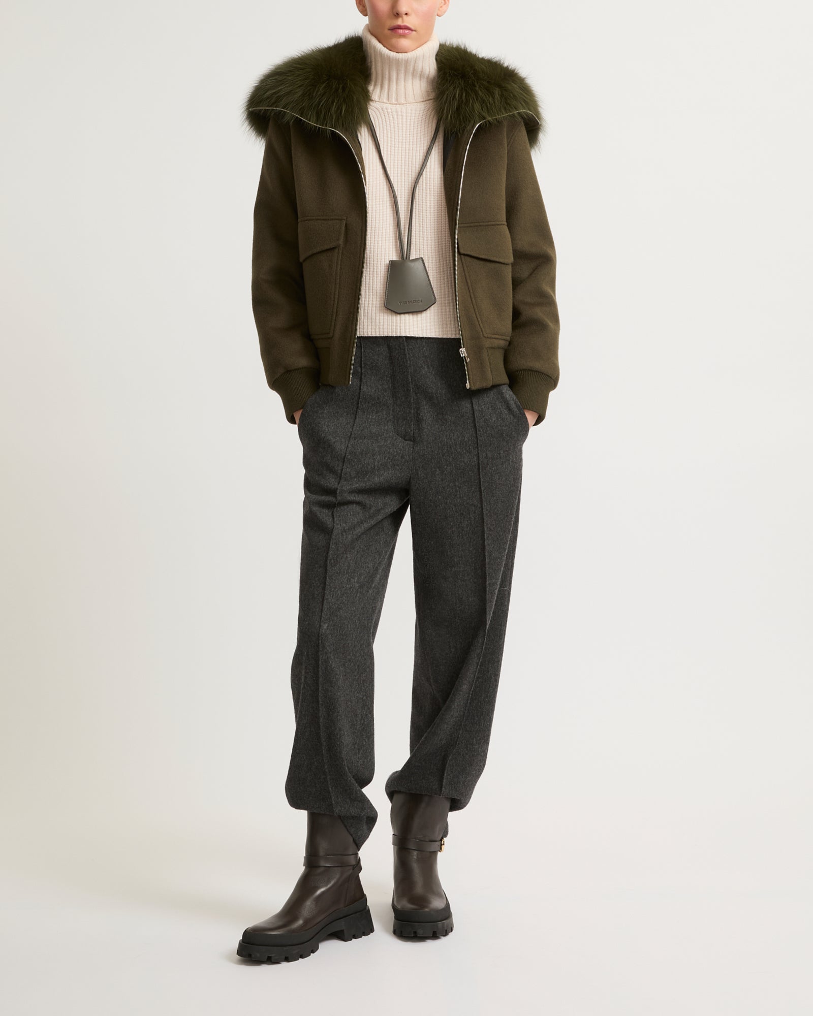 Jacket in cashmere wool with fox fur collar - Khaki - Yves