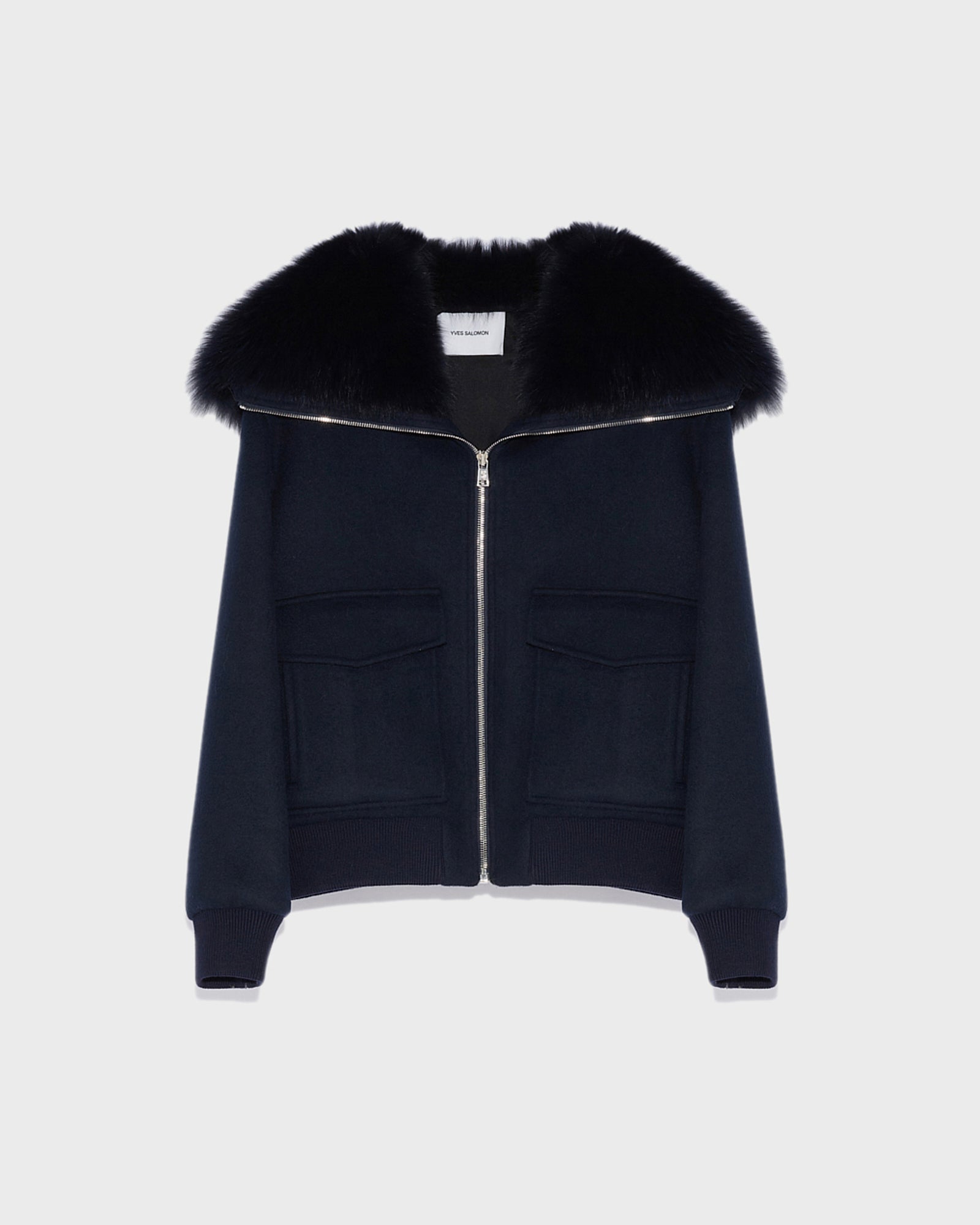 veste-courte-en-lainage-cachemire-avec-col-en-renard-bleu-fonce-23wyv02360carda7033 -Yves Salomon