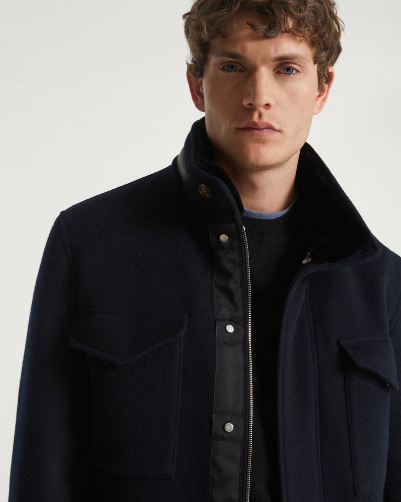 Field jacket in double-sided wool-cashmere with mink trim - navy