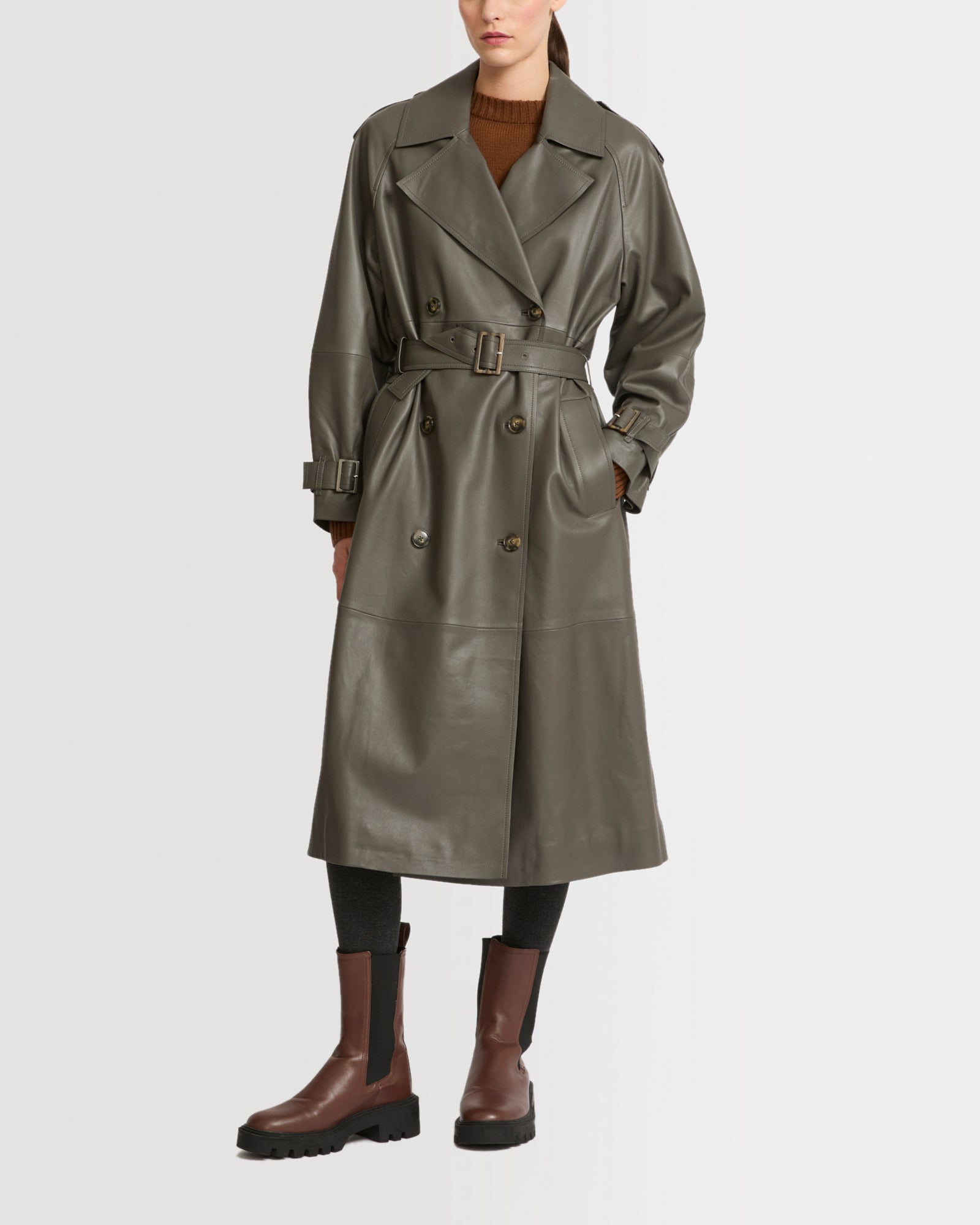 Long belted trench coat in lamb leather Grey Yves Salomon