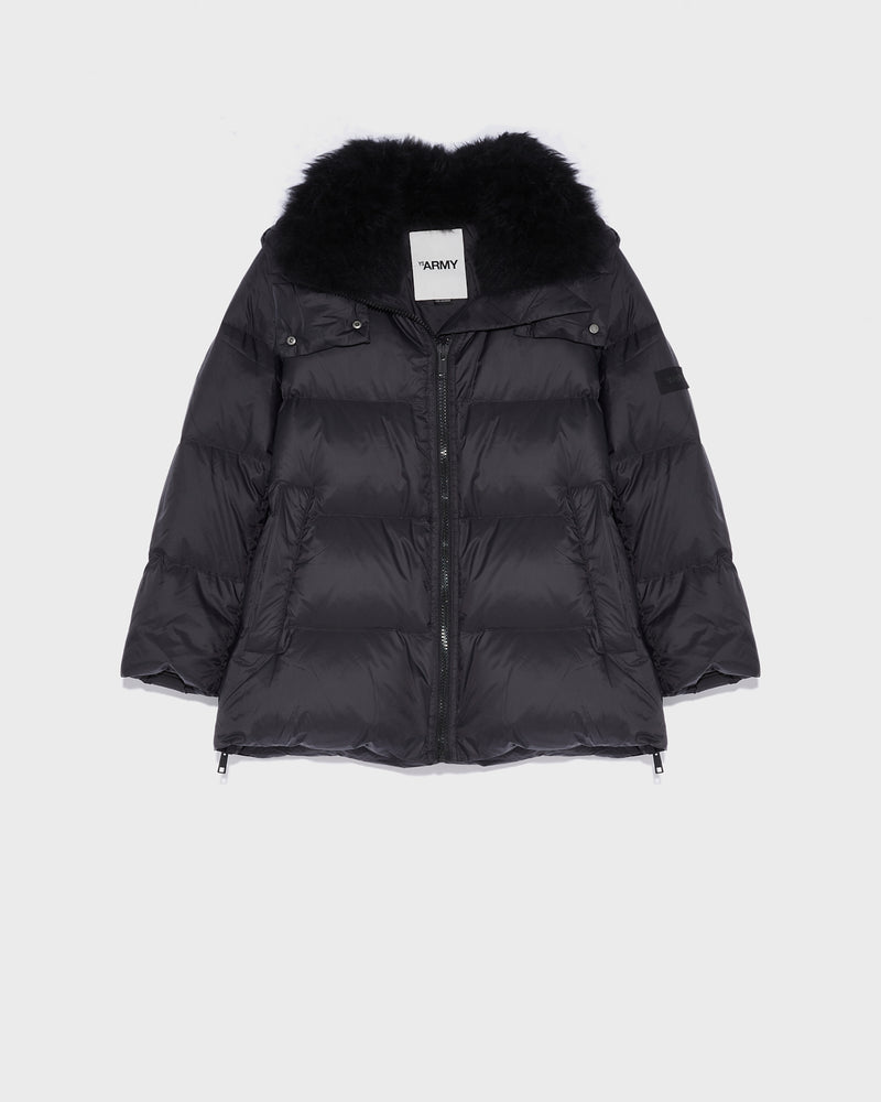 A line down jacket in water-repellent technical fabric with fluffy lambswool collar