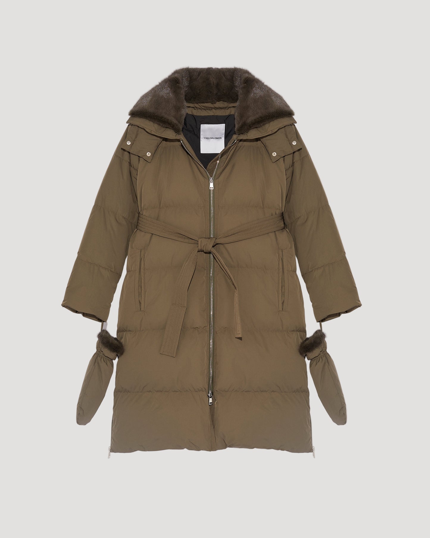 Long down jacket in waterproof technical fabric with mink fur collar