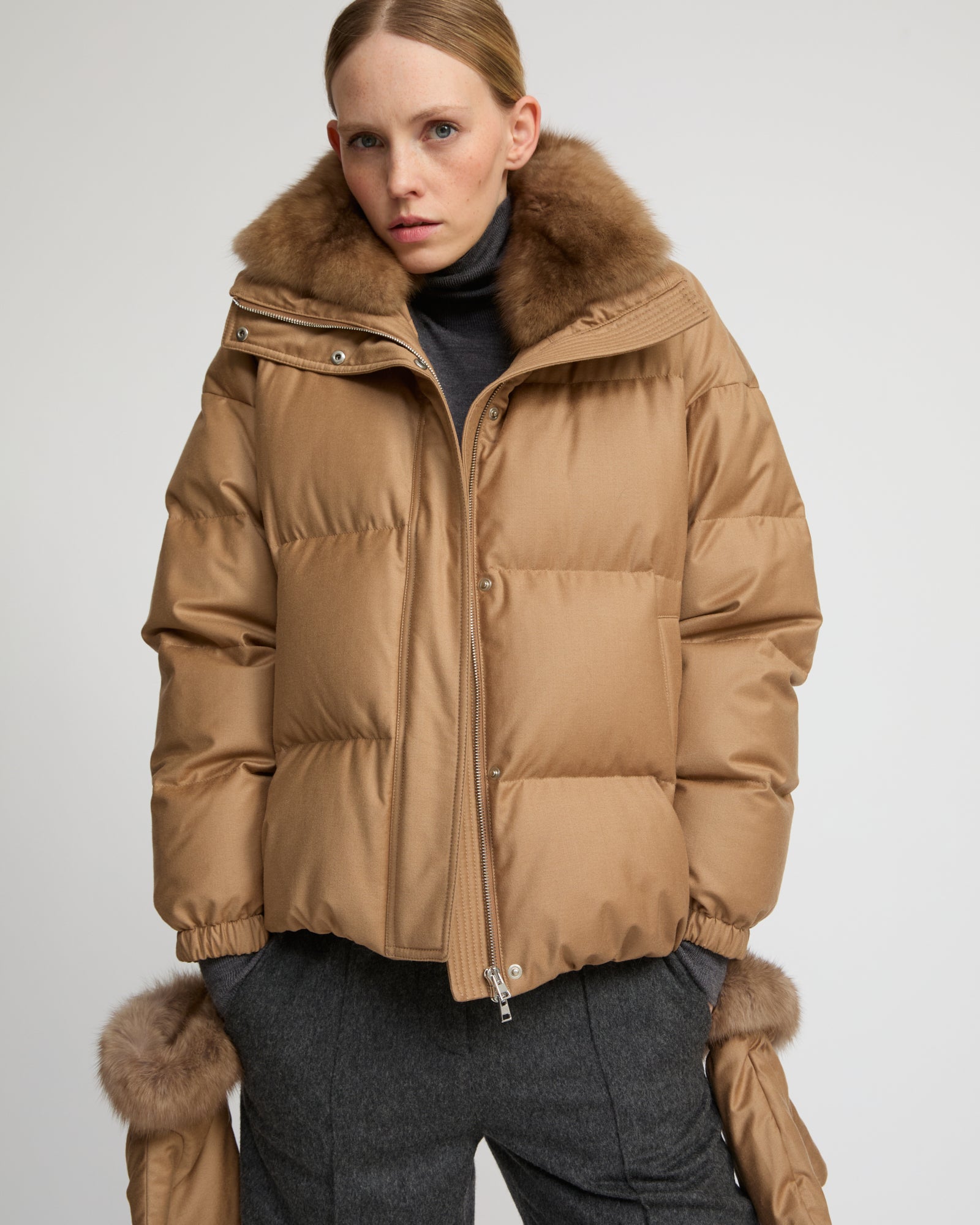 Short down jacket made with Loro Piana flannel and sable fur