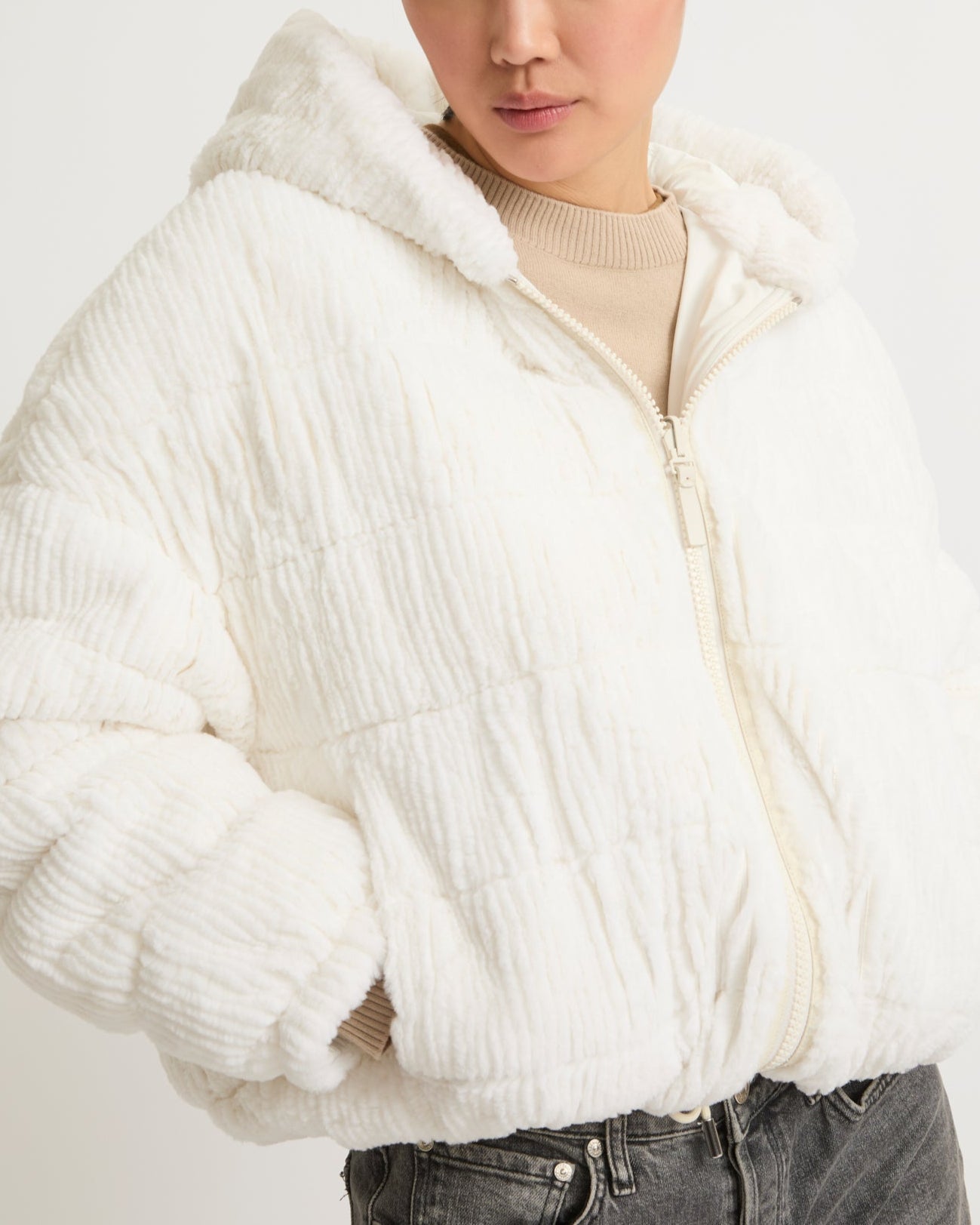 Short hooded down jacket with rex White Yves Salomon