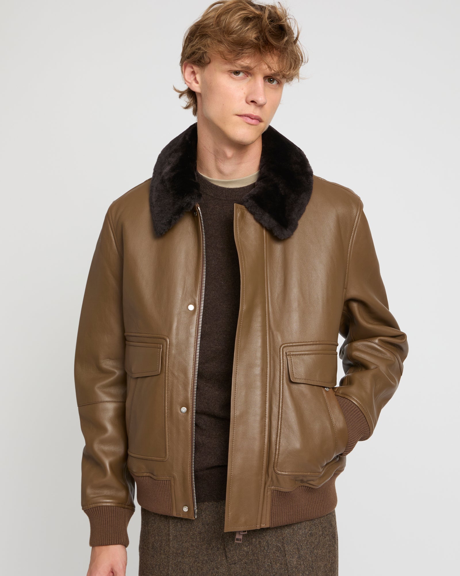 Leather aviator jacket with Merino lambskin shearling collar - Main Image