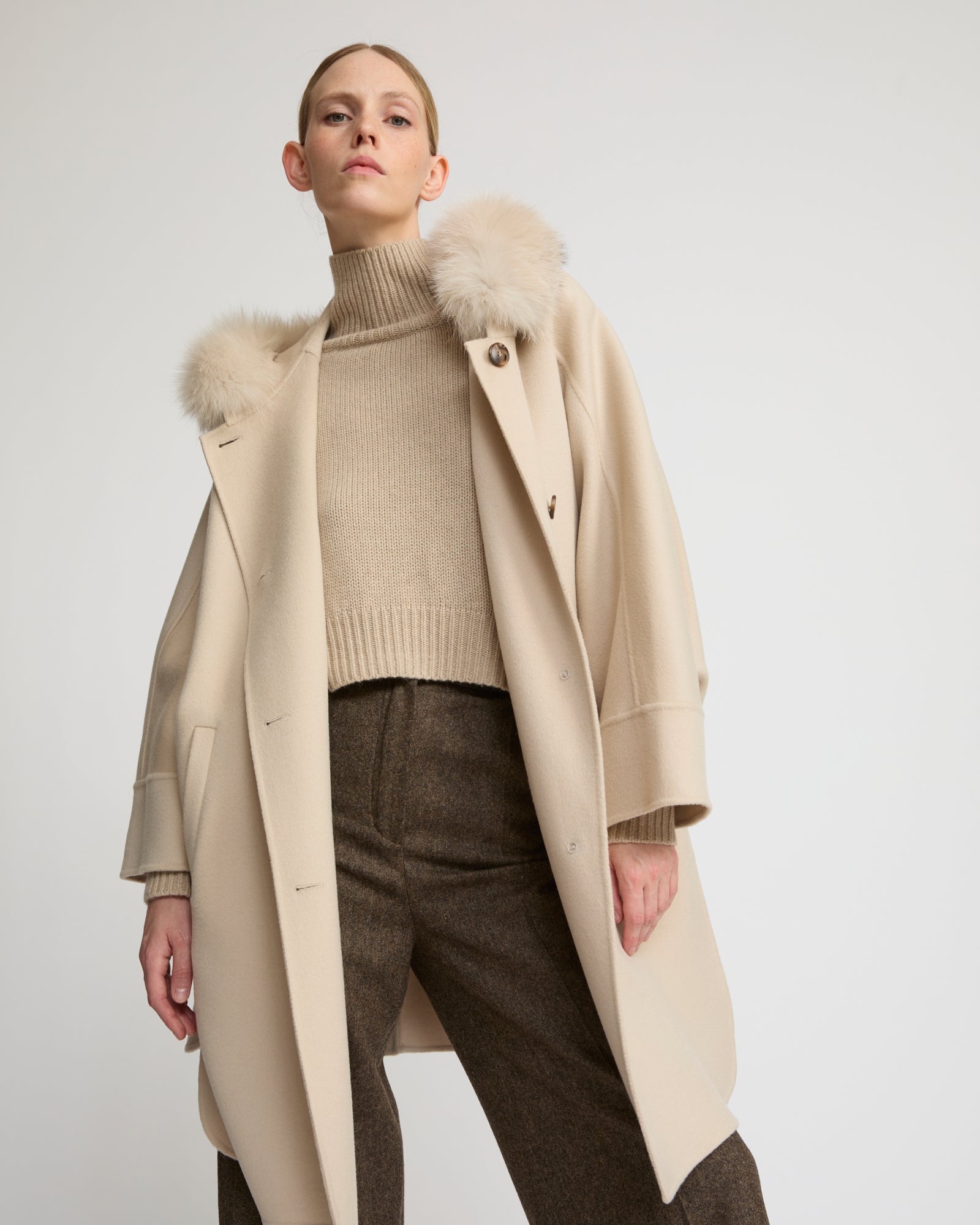 Winter sale -Cashmere blend hooded cape with fox trim-beige – Yves