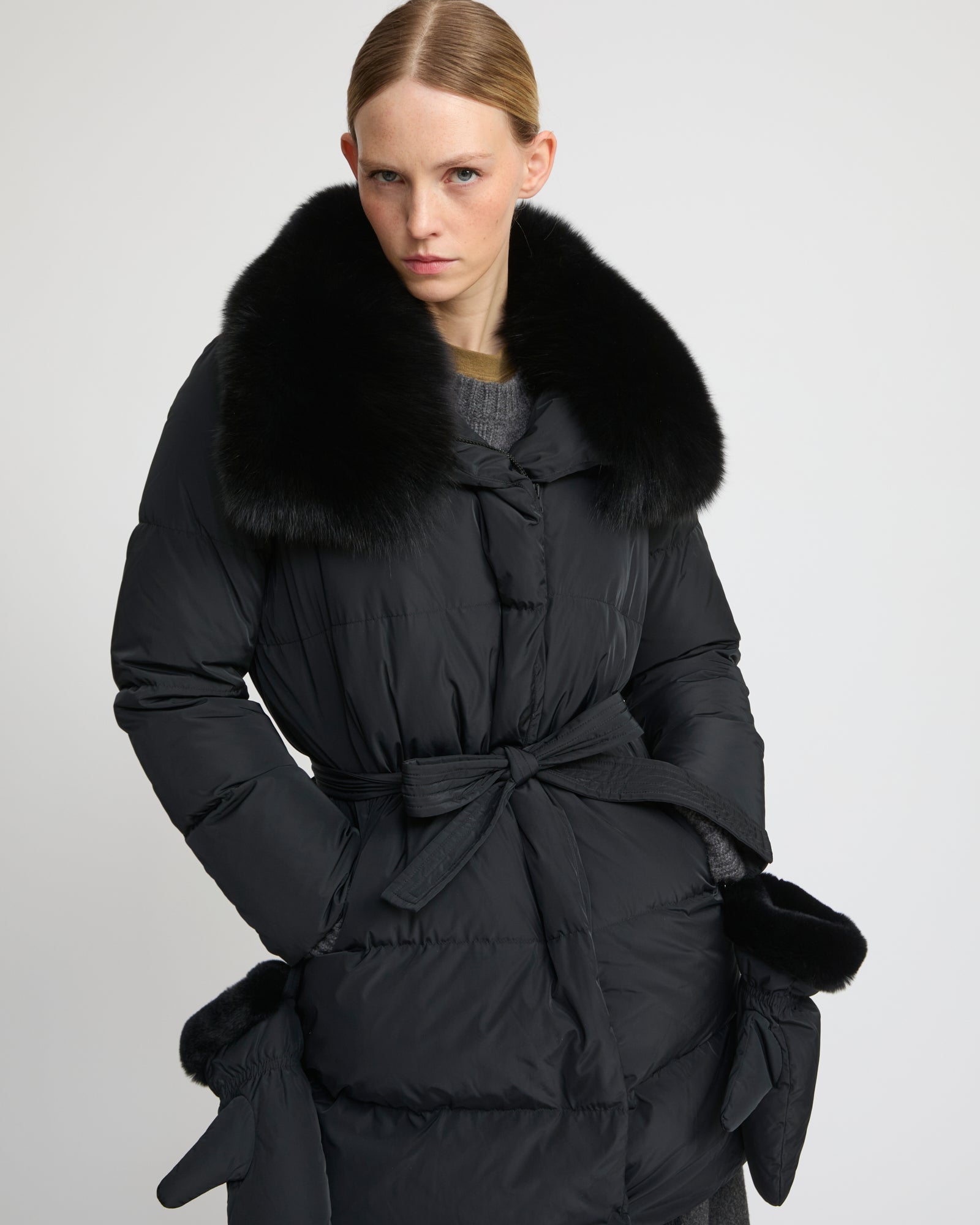 Long belted down jacket in technical fabric with detachable