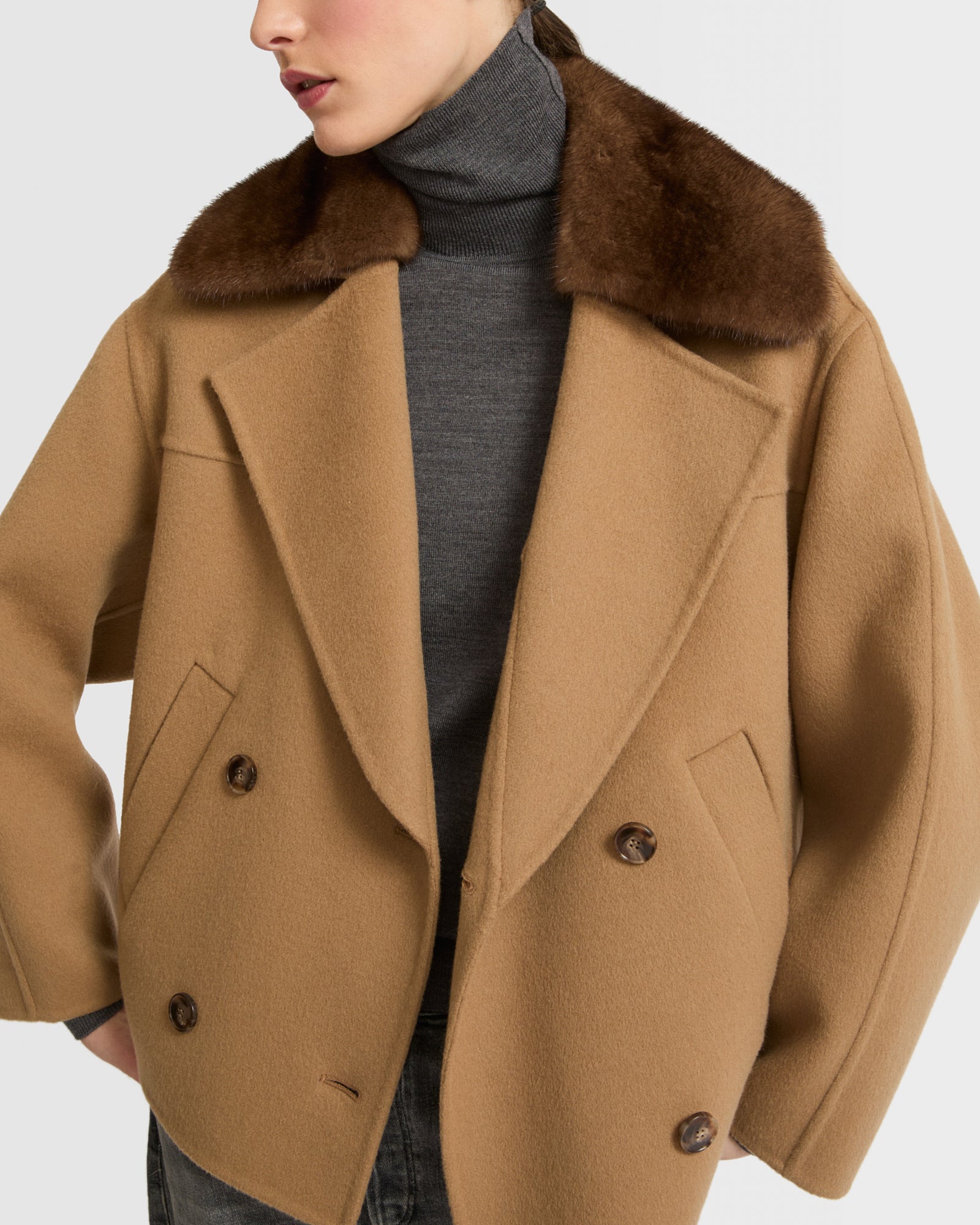 Cashmere blend pea jacket with mink collar -Camel Yves Salomon