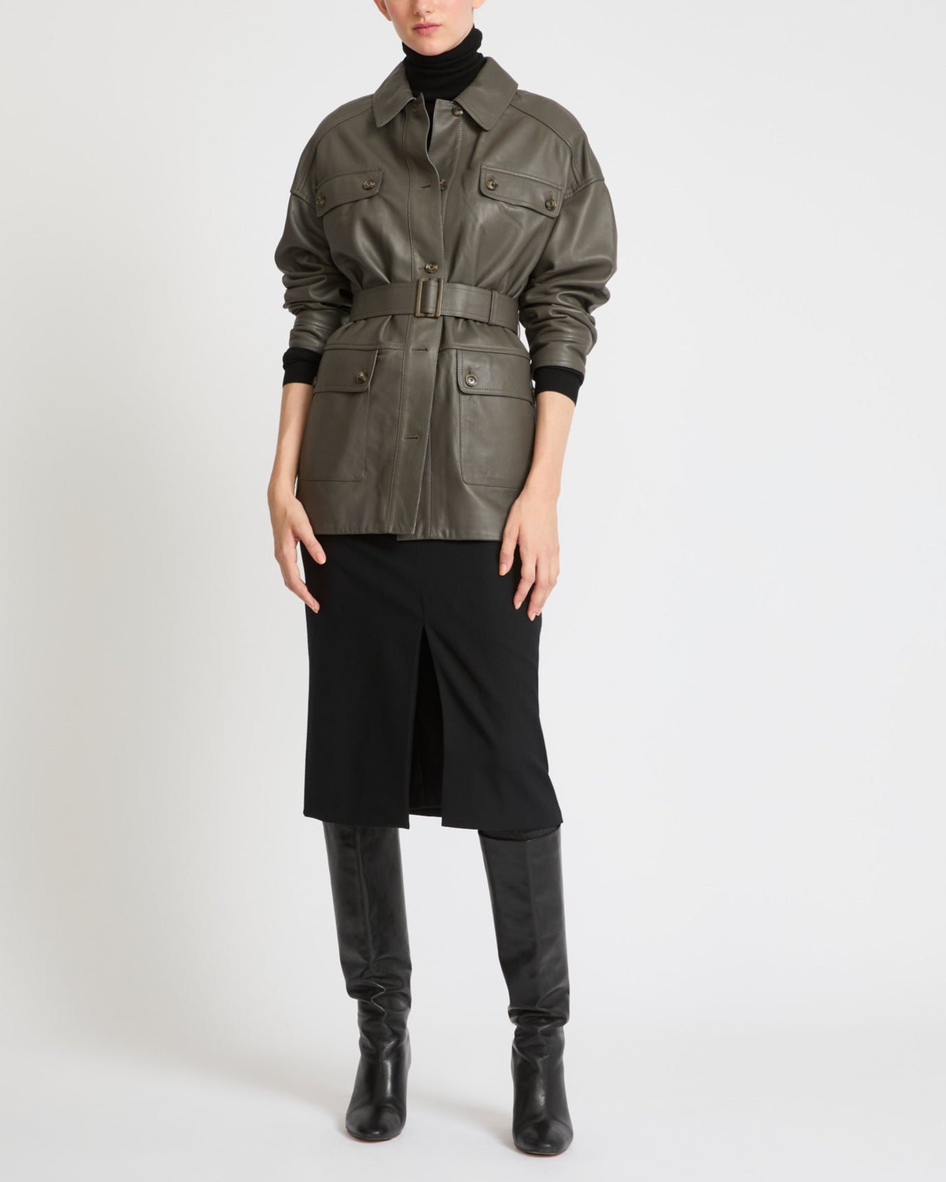 Belted safari jacket in lamb leather Grey Yves Salomon