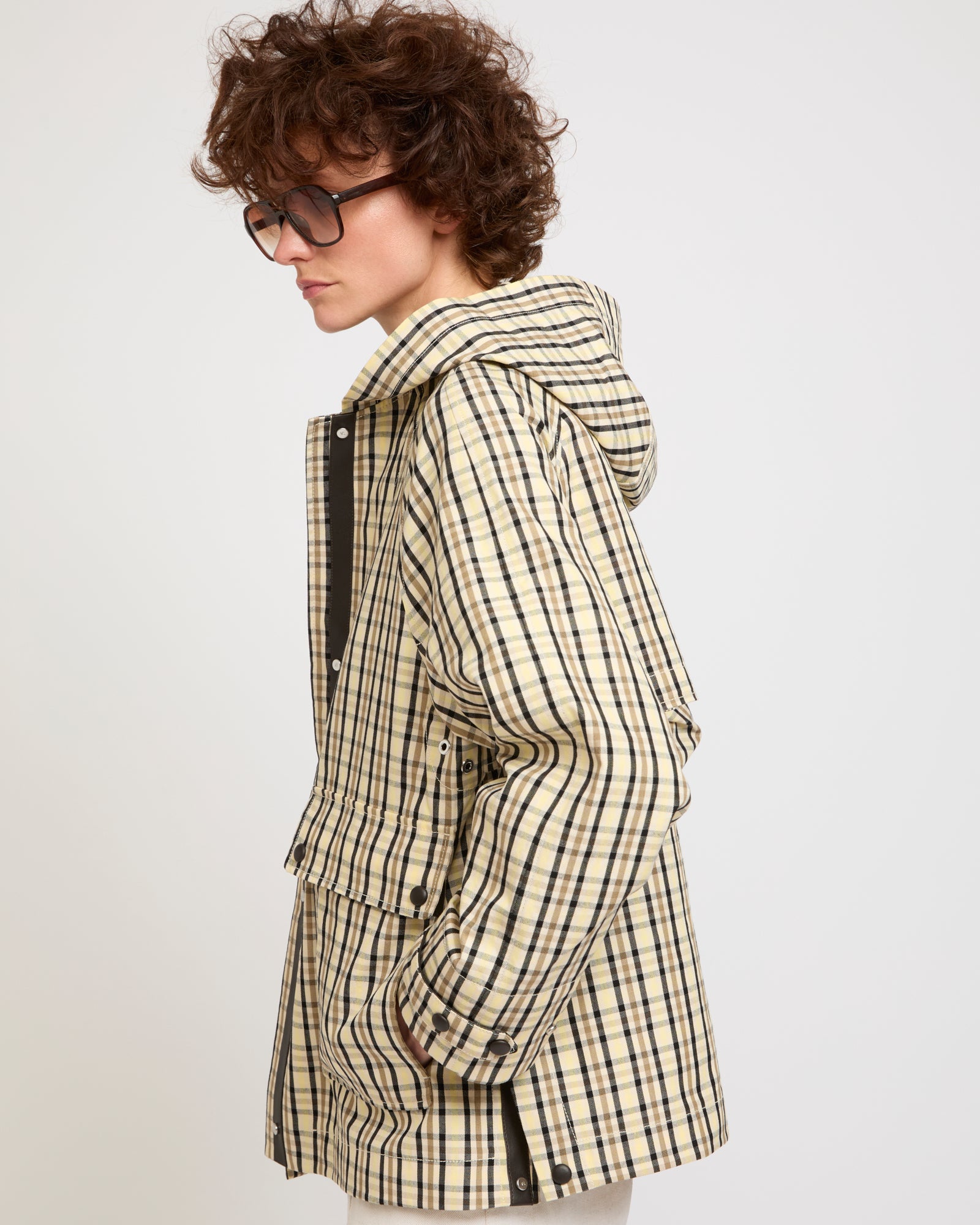 Hooded jacket in check pattern jacquard fabric - checkered fabric