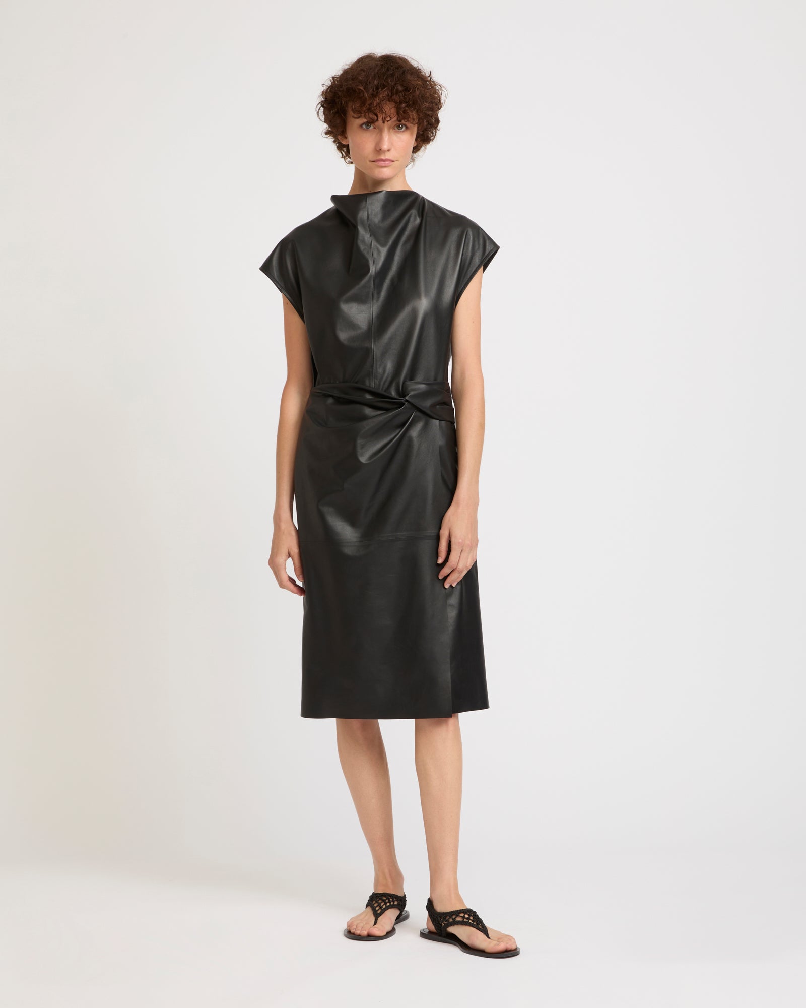 Draped lambskin leather dress - black