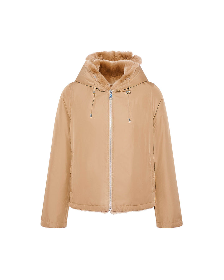 Veste à capuche en fourrure de lapin rex réversible tissu technique