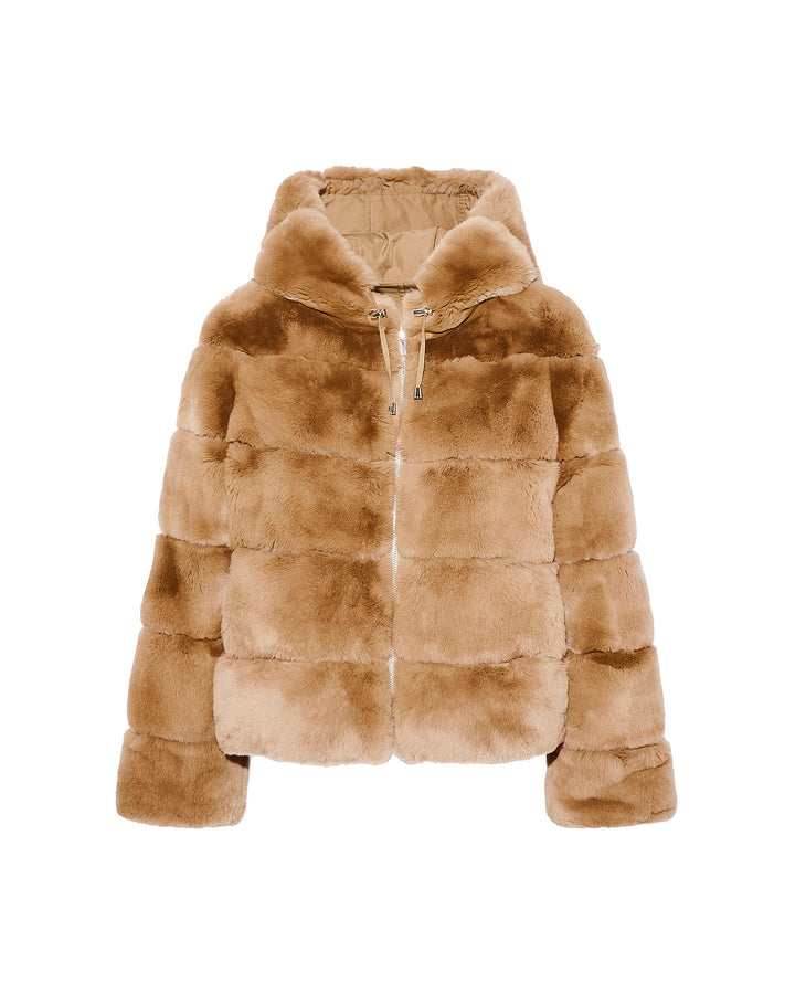 Veste à capuche en fourrure de lapin rex réversible tissu technique