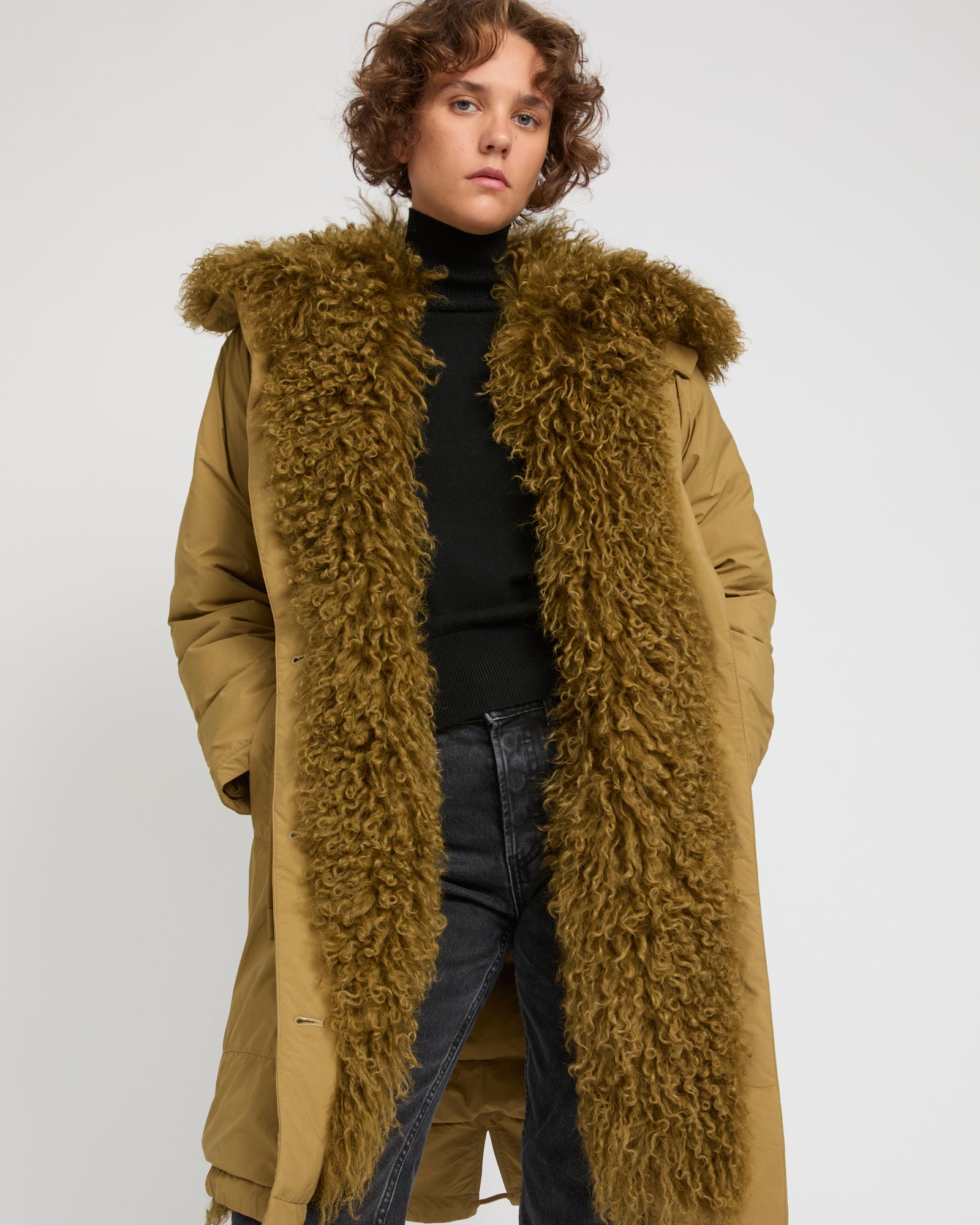 Winter sale -Ultra-light down parka with curly lambskin trim