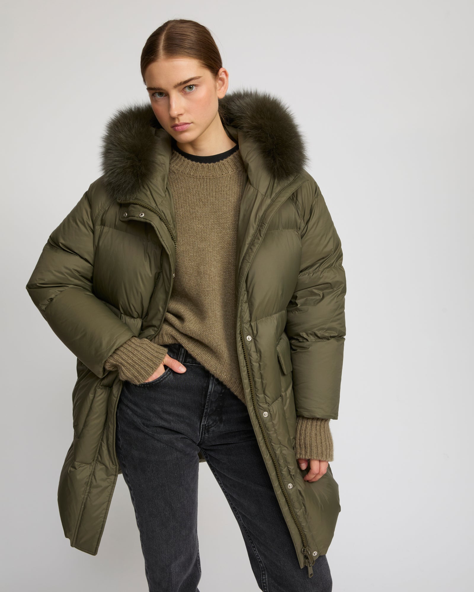 Down jacket with fox fur trim Khaki Yves Salomon