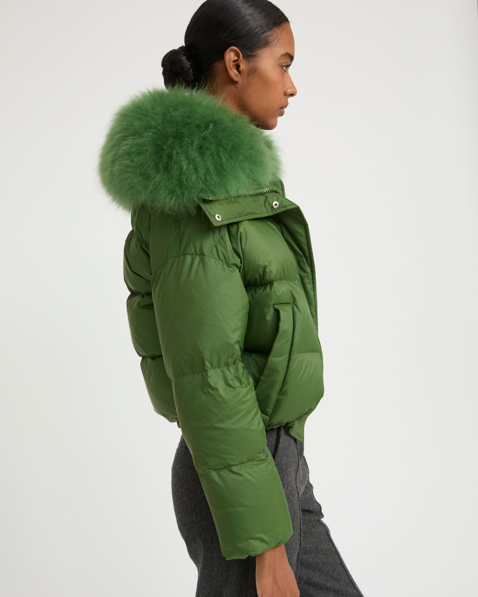 Winter sale -Down jacket with fluffy lambswool trim-green – Yves