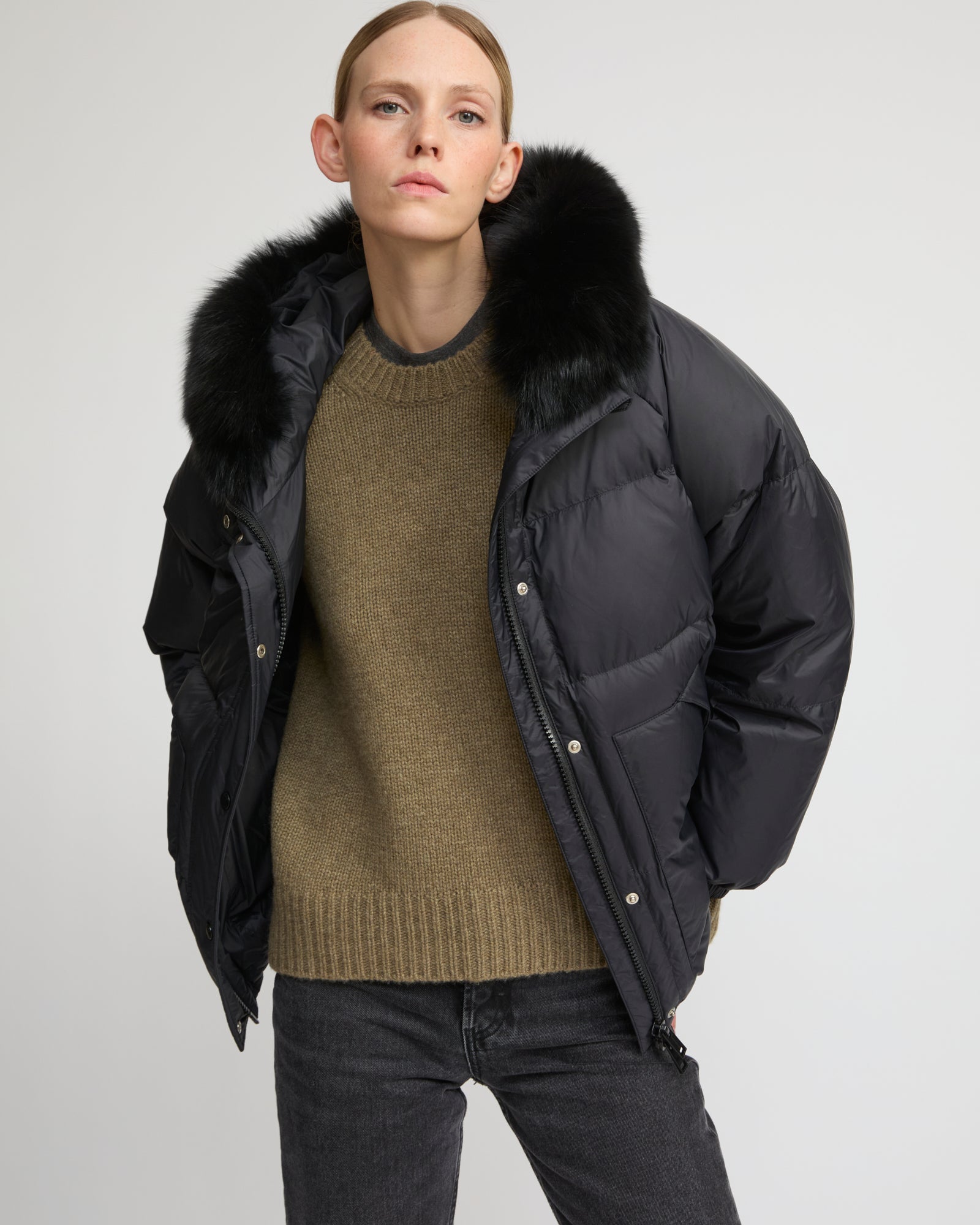 Down jacket with fox fur trim - Black - Yves Salomon