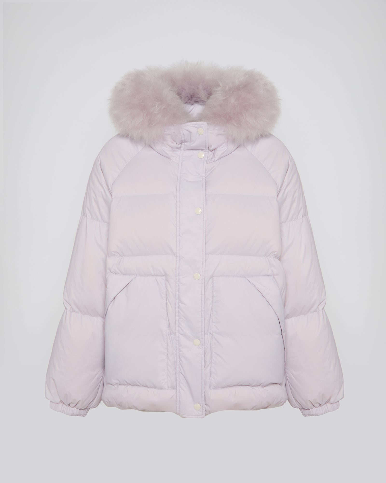 Short down jacket with raglan sleeves and fluffy lambswool trim