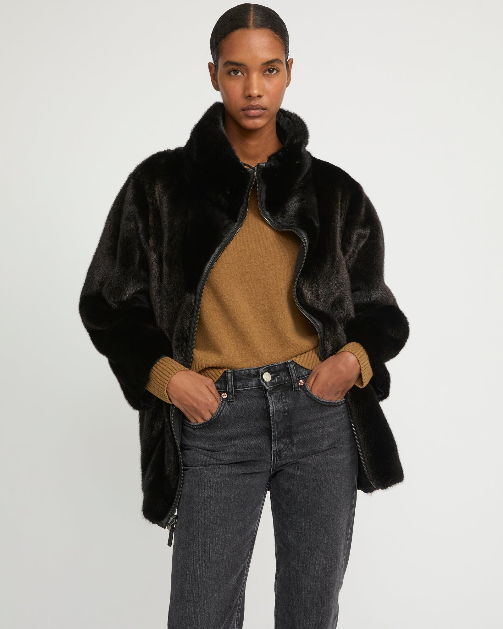 Reversible jacket in mink & technical fabric - Black - Yves Salomon