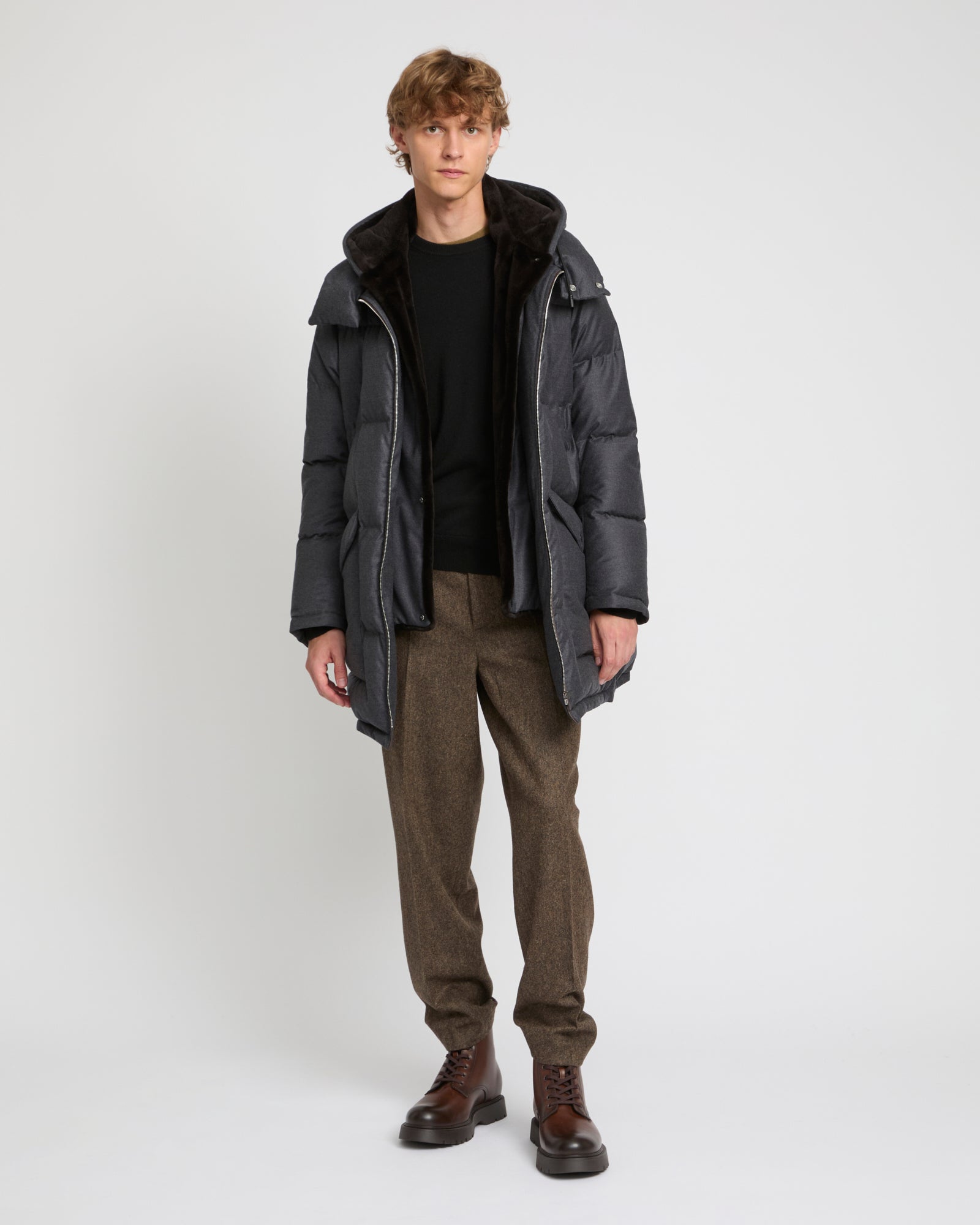 IENA FRENCH DOWN ダークグレー ロングダウンジャケット Loro Piana fabric down jacket with mink bib - Gray - Yves Salomon