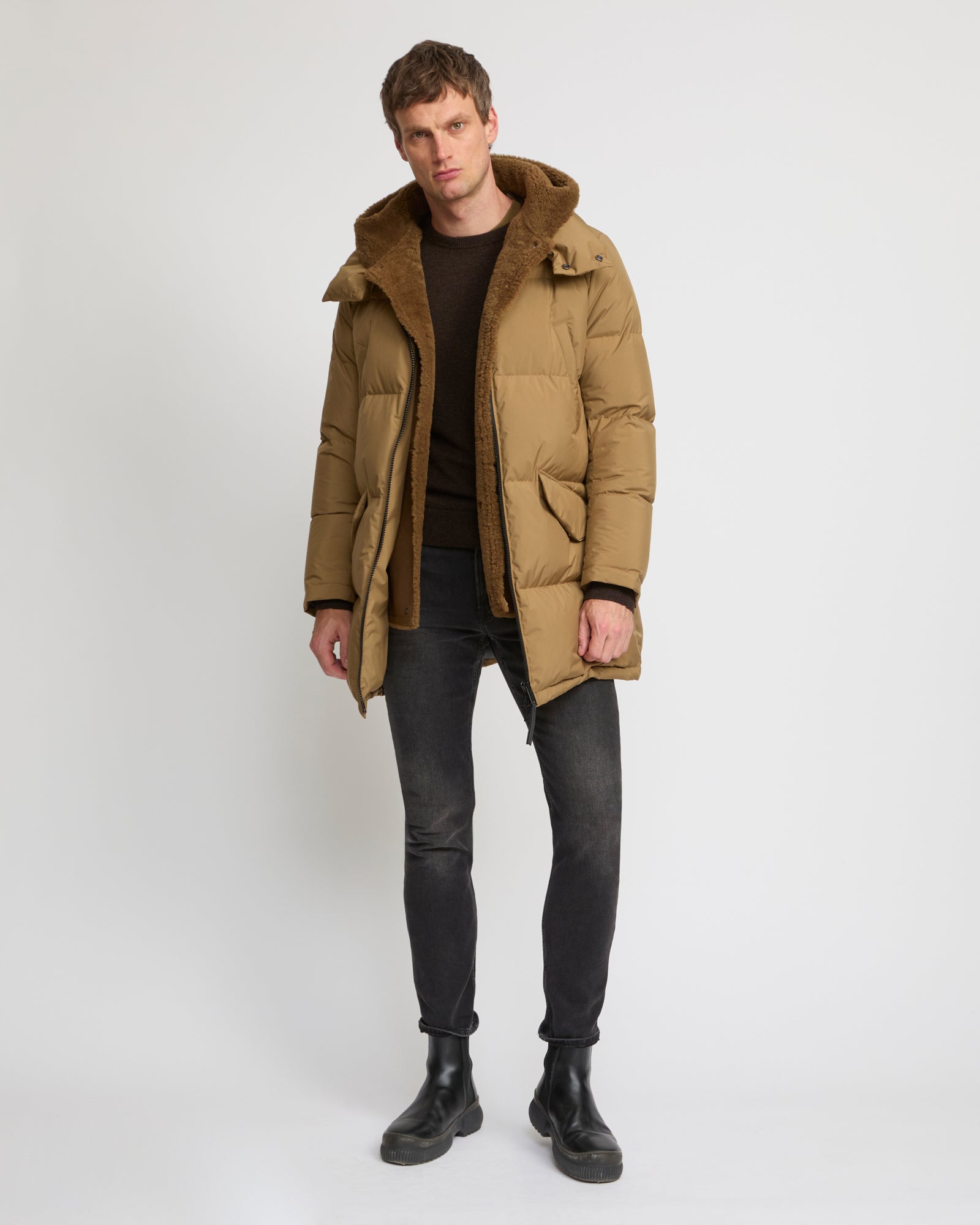 YVES SALOMON ダウン フォックスファーの襟付きダウンジャケット - カーキ - yves salomon