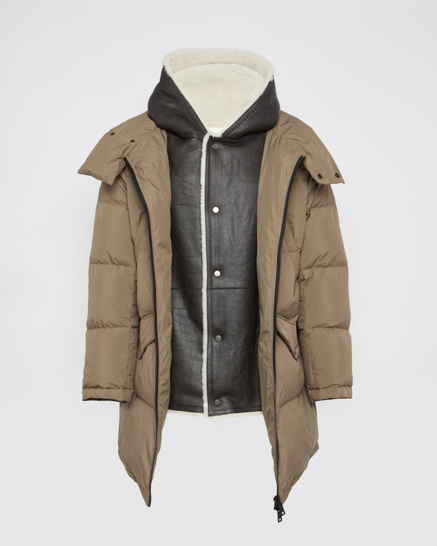 Down jacket with lambskin shearling bib