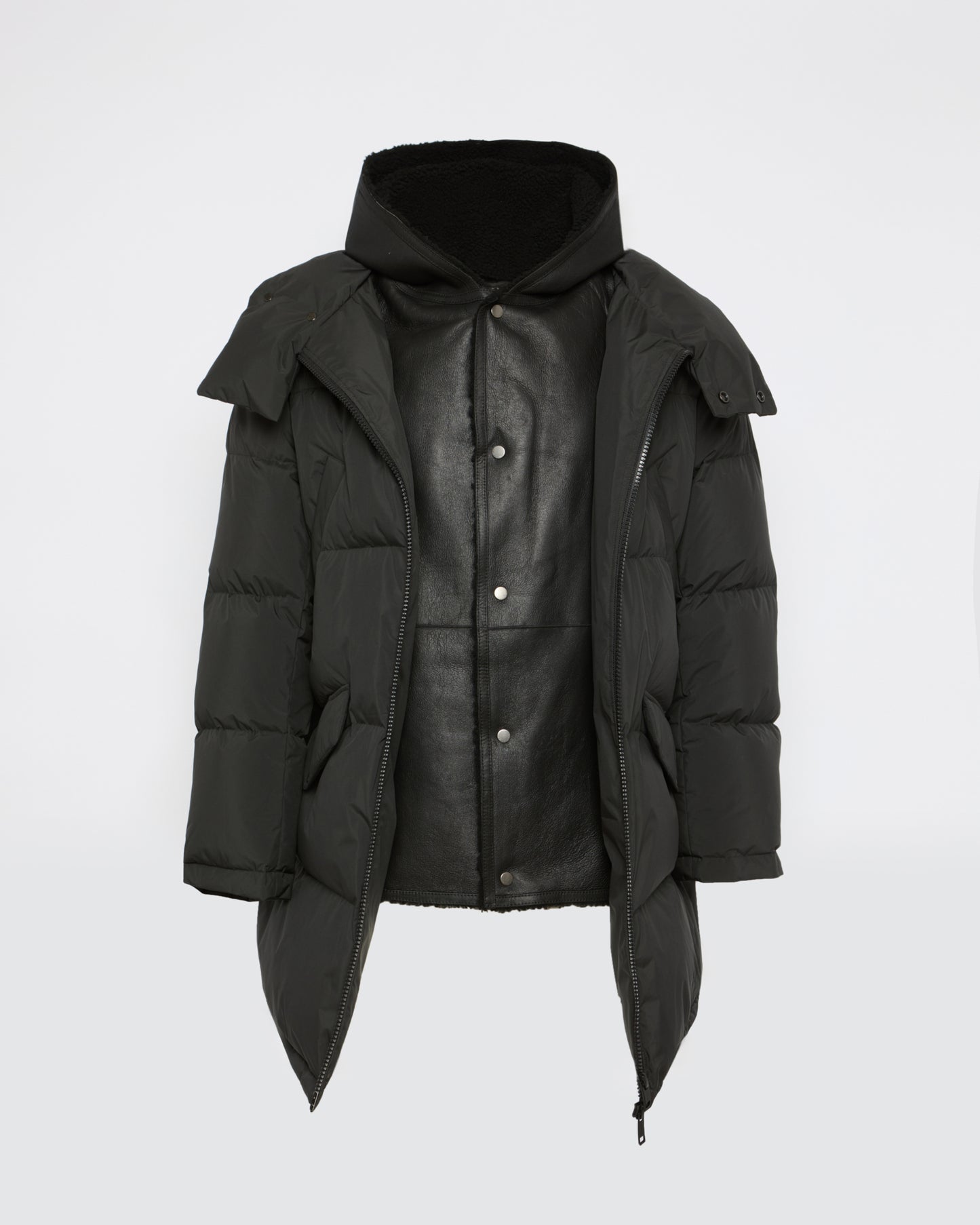 Down jacket with lambskin shearling bib