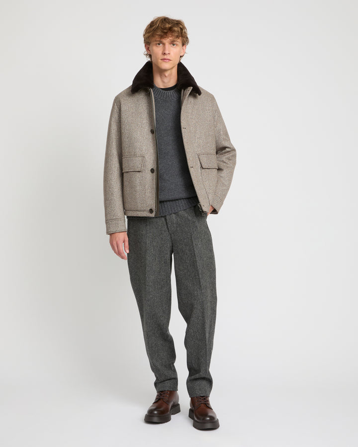 Veste en tissu lainage chevron avec col en fourrure de vison -Yves Salomon