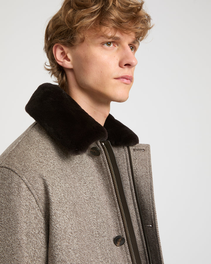 Veste en tissu lainage chevron avec col en fourrure de vison -Yves Salomon