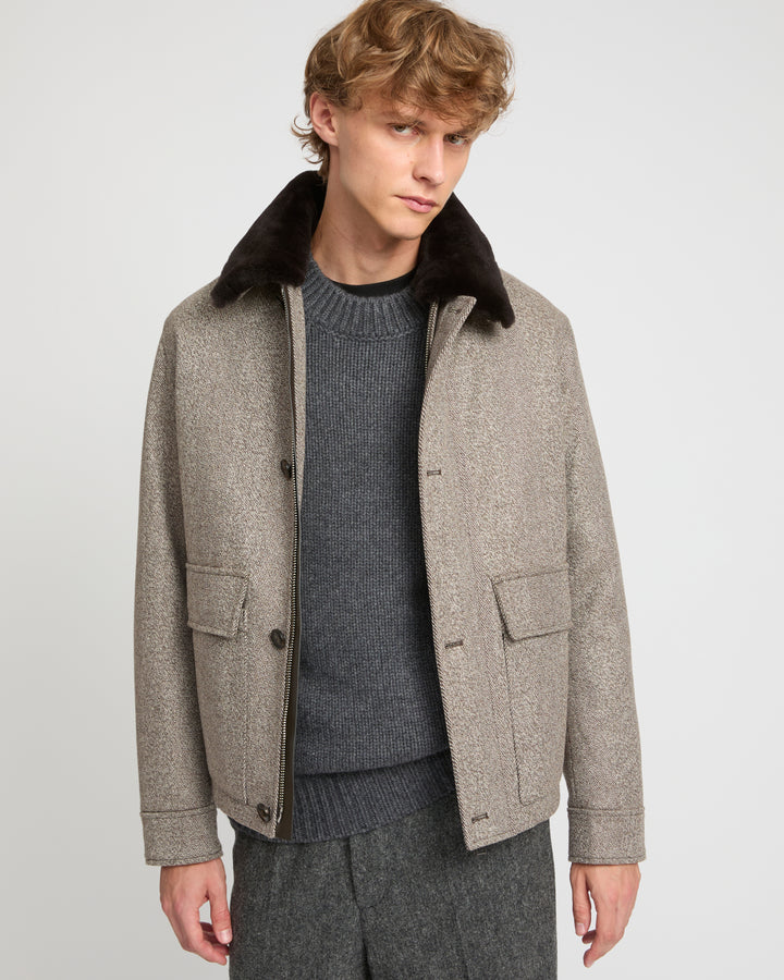 Veste en tissu lainage chevron avec col en fourrure de vison -Yves Salomon