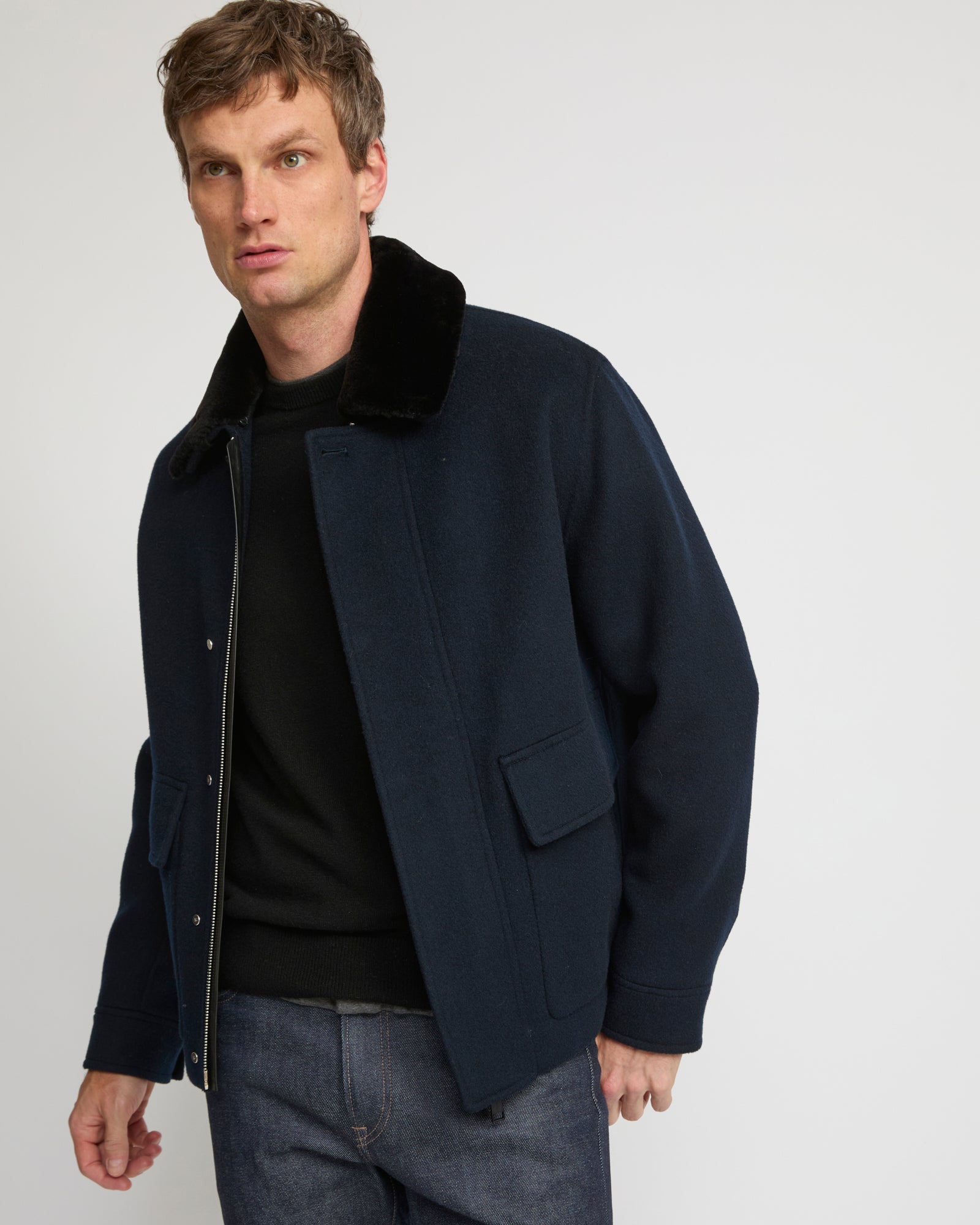 Jacket in wool-cashmere fabric with mink - Dark blue - Yves Salomon