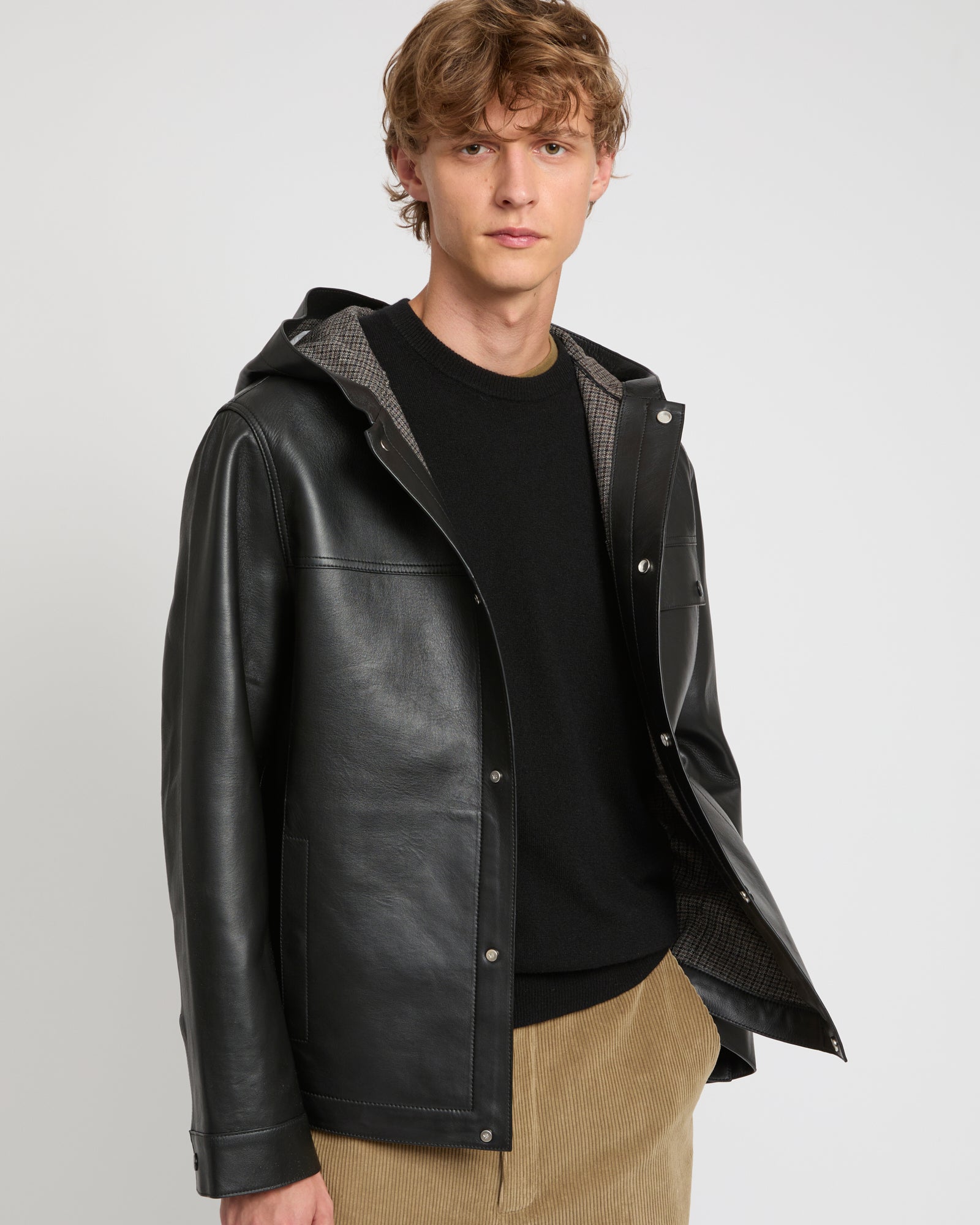 Flannel lined leather hoodie - Black - Yves Salomon