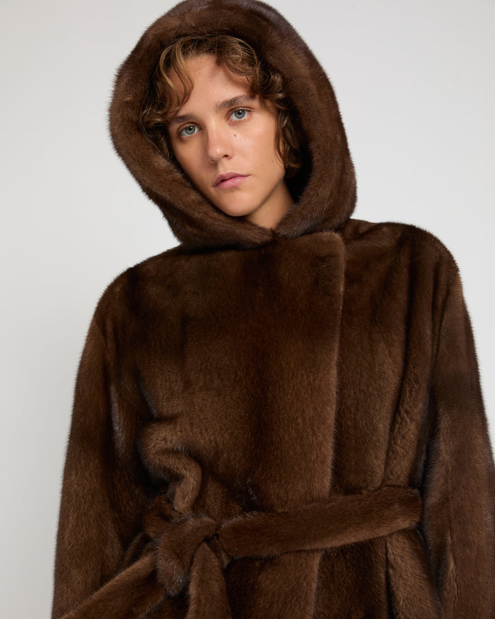 Manteau long à capuche en fourrure de vison long poils -Yves Salomon