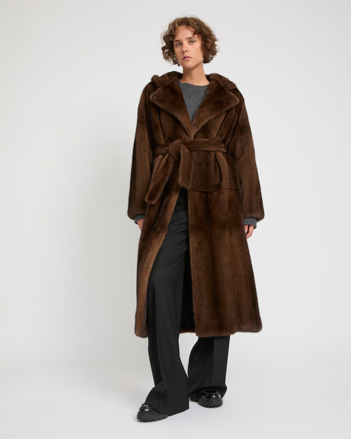 Manteau long à capuche en fourrure de vison long poils -Yves Salomon