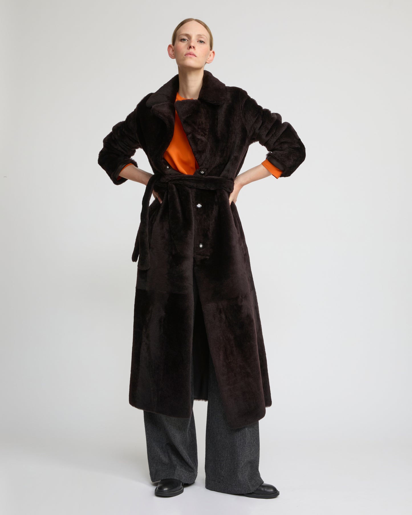 Manteau long réversible en peau lainée d'agneau Lacon -Yves Salomon