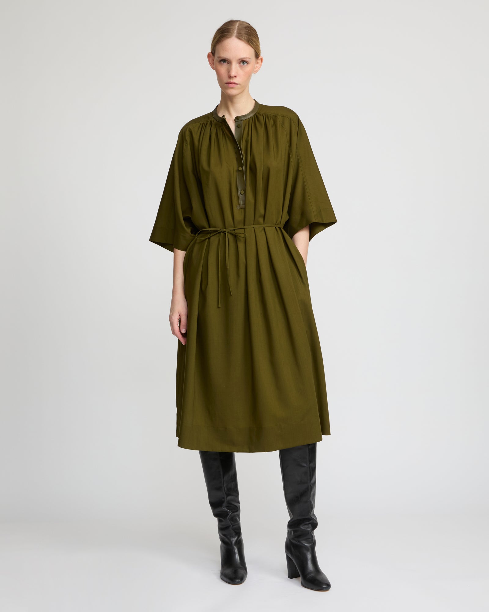 Winter sale -Wool voile kaftan dress-khaki – Yves Salomon