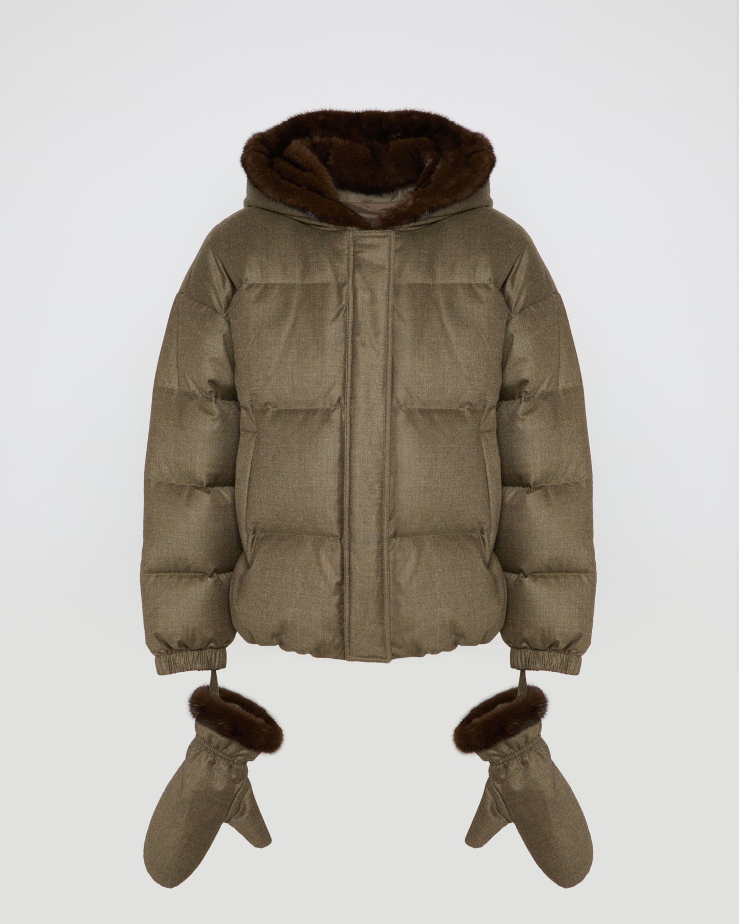 Short hooded down jacket with mink fur inner hood and removable mittens