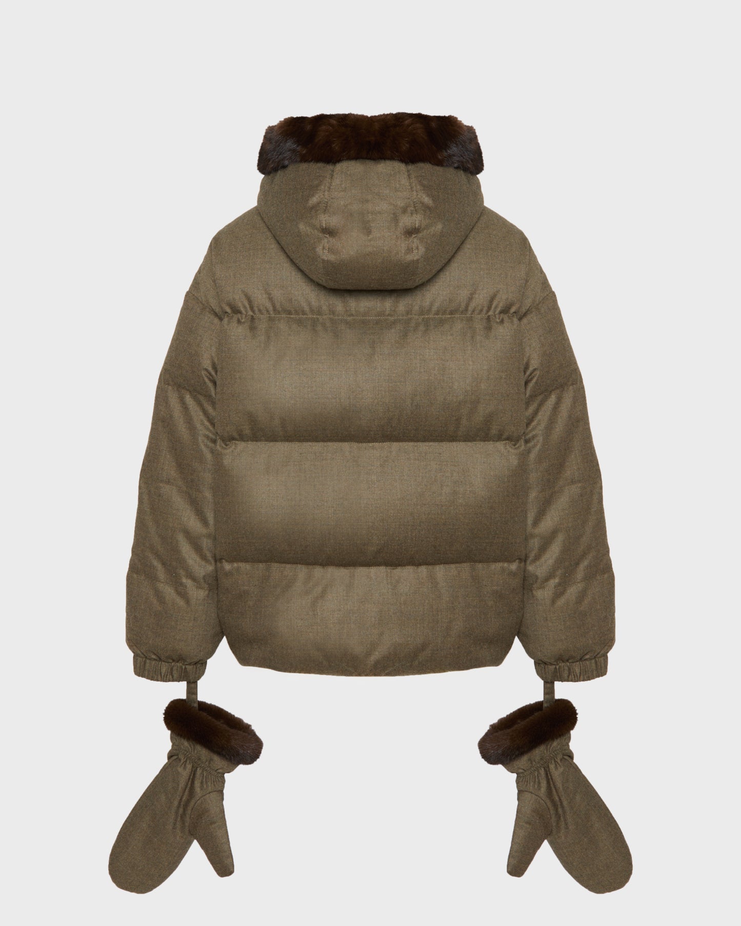 Short hooded down jacket with mink fur inner hood and removable mittens