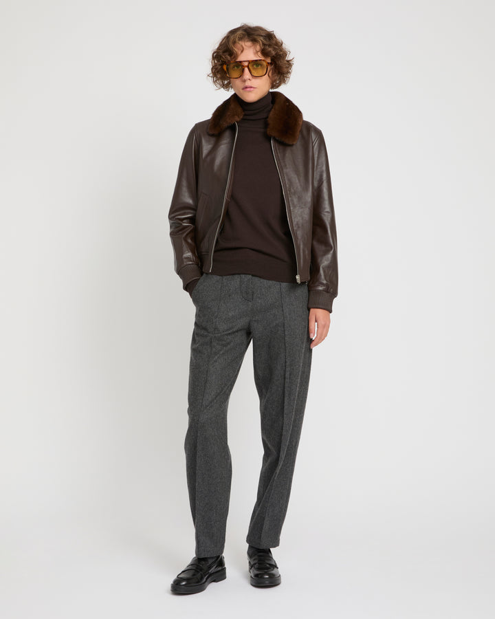Veste bomber en cuir d'agneau avec col amovible en fourrure de vison -Yves Salomon