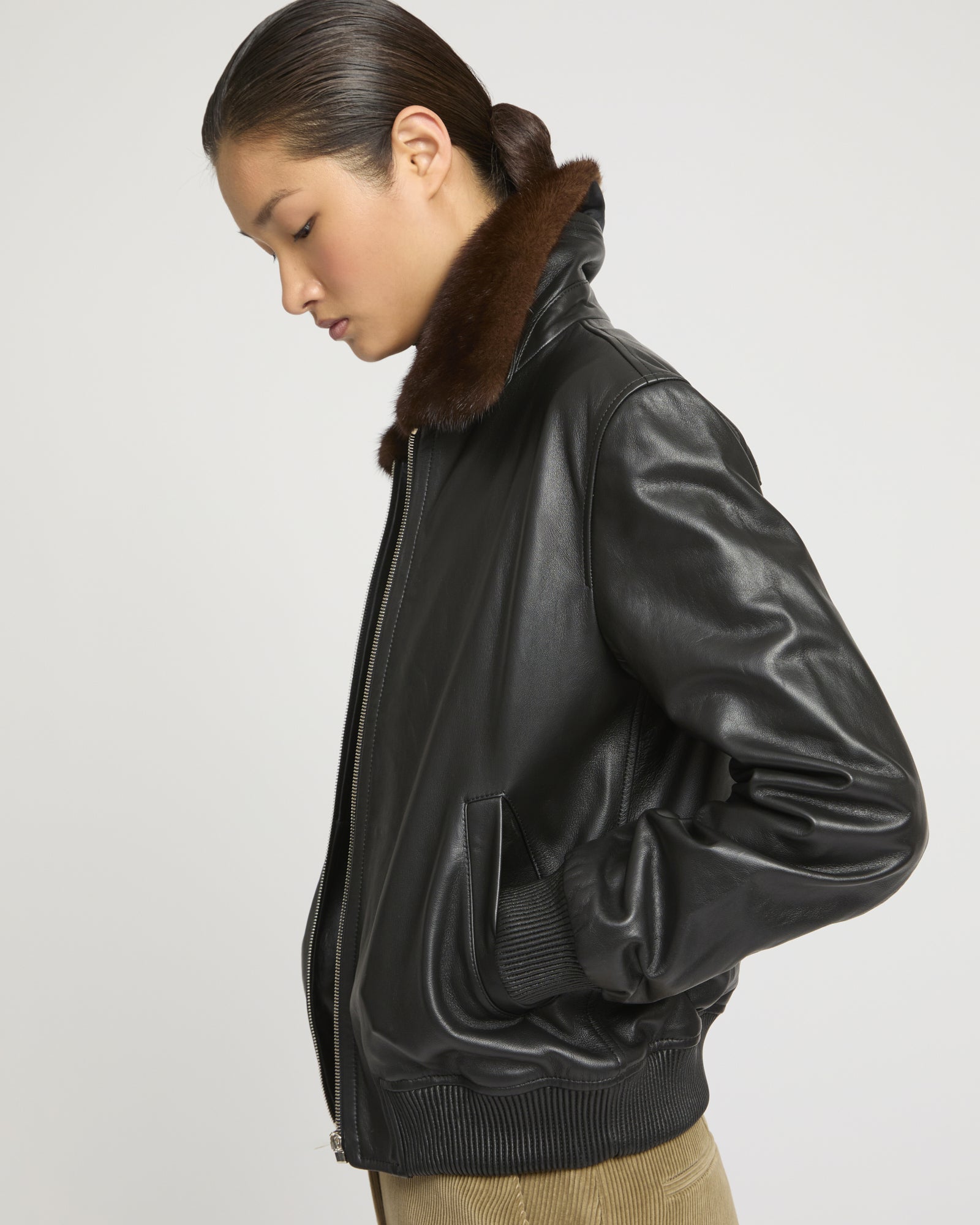 Lamb leather bomber jacket with mink collar Black Yves Salomon