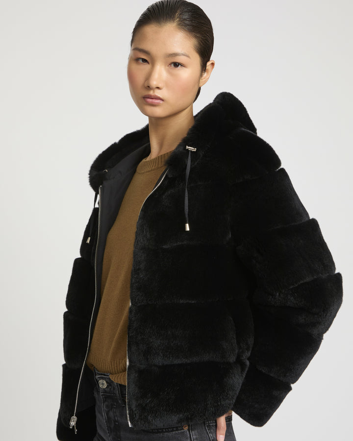 Veste à capuche en fourrure de lapin rex réversible tissu technique -Yves Salomon