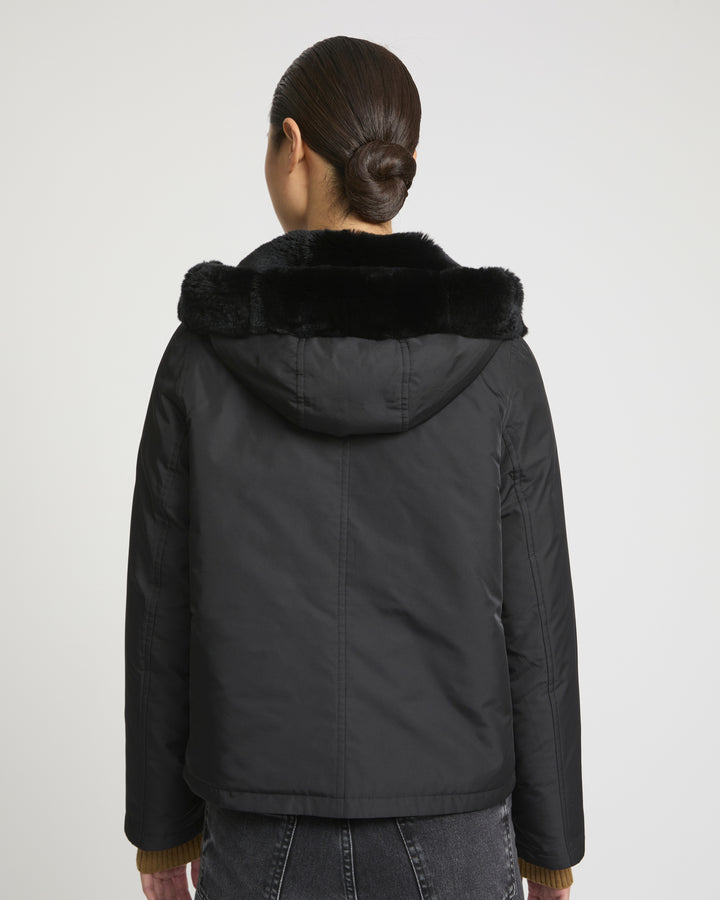 Veste à capuche en fourrure de lapin rex réversible tissu technique -Yves Salomon