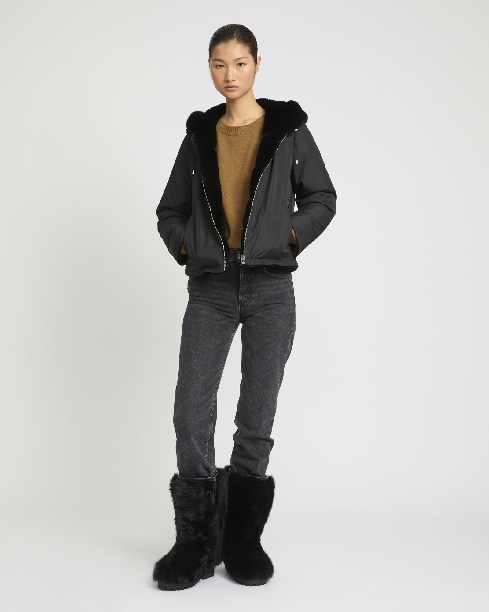 Reversible jacket in technical fabric & rex rabbit fur - Back