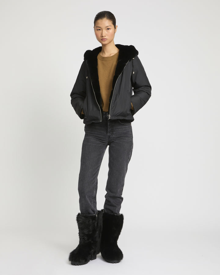 Veste à capuche en fourrure de lapin rex réversible tissu technique -Yves Salomon